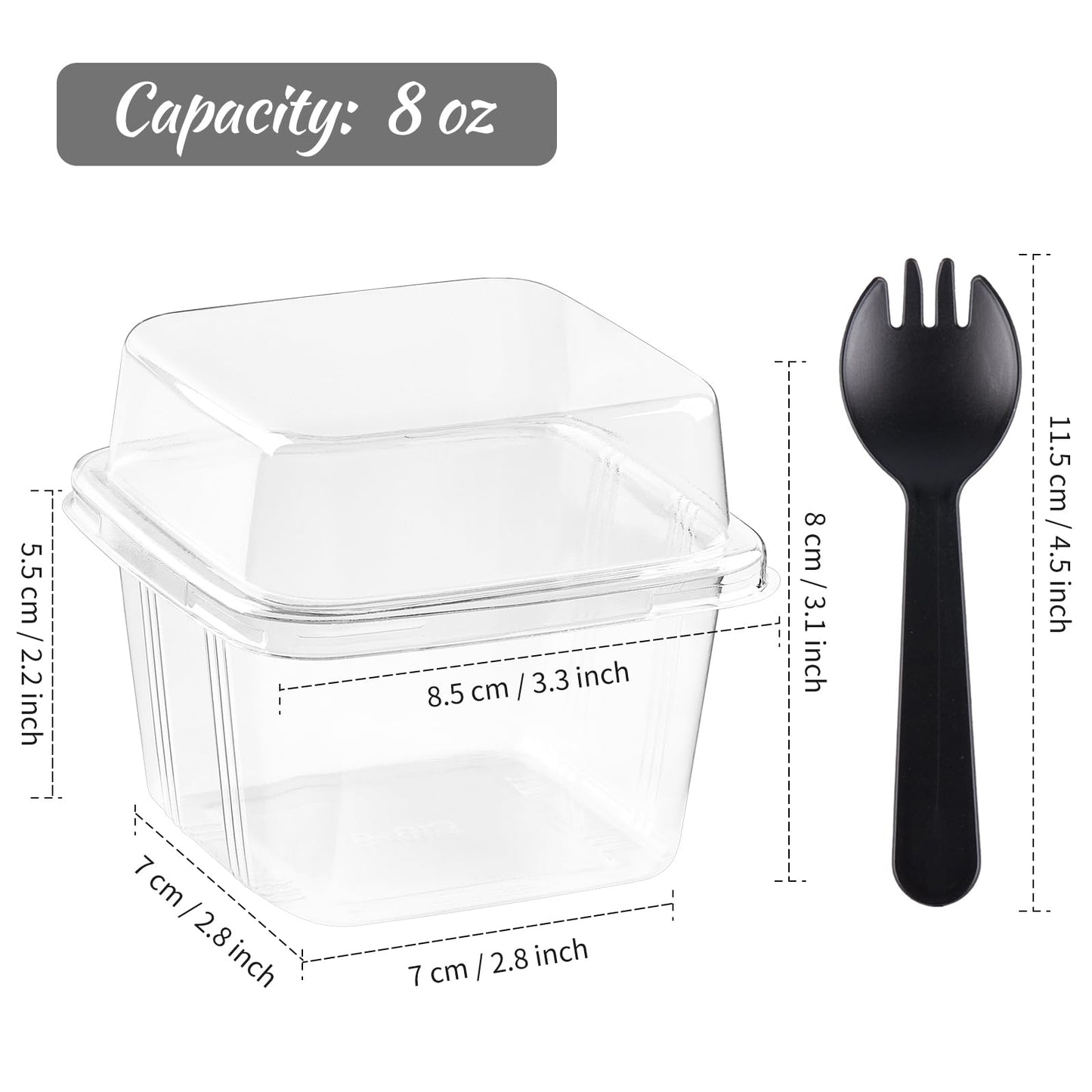 Kucoele 100 Pack 8 oz Plastic Dessert Cups with Lids and Sporks, Clear Square Cake Cups Parfait Containers for Pudding Fruit Mousse Yogurt and Shortcake