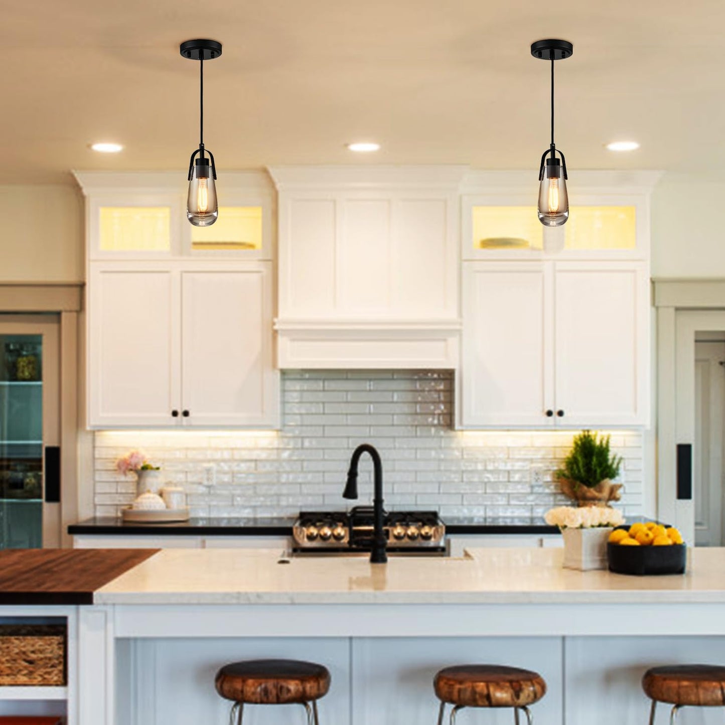 DEYNITE Industrial Home Pendant Light Fixtures Black Hanging Light with Clear Glass for Kitchen Island