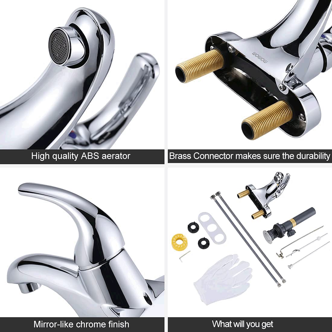WOWOW Bathroom Faucet 1 Handle Low Arc Single Handle 4 inch Centerset Bathroom Sink Faucet with Lift Rod Drain Assembly Basin Mixer Tap Chrome Vanity Faucet
