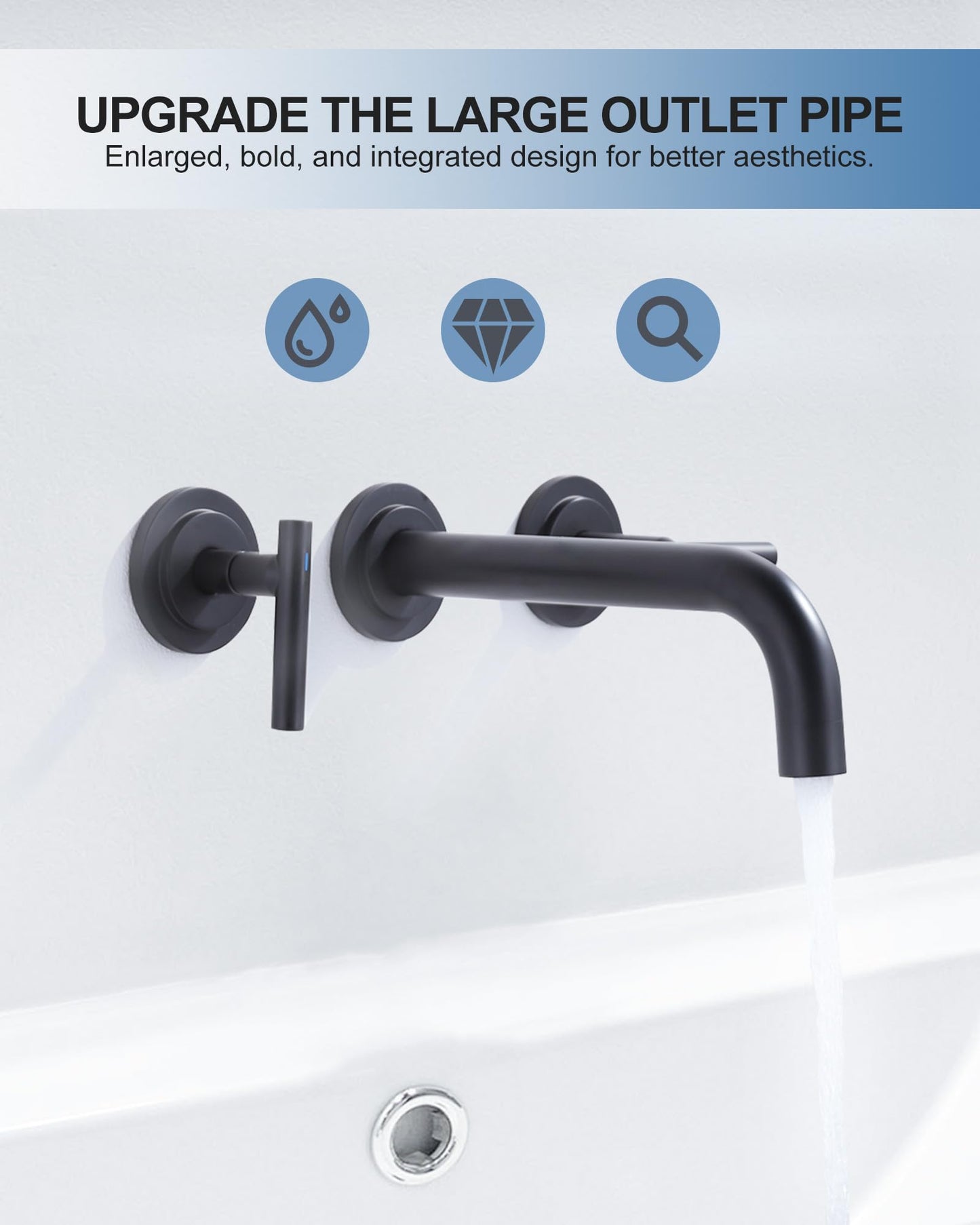 WOWOW Wall Mount Bathroom Faucet Matte Black Wall Faucet High Flow Two Handles Stainless Steels,Long Spout Reach,Widespread Bathroom Sink with Rough-in Valve 3 Holes Elegant Classic Spout