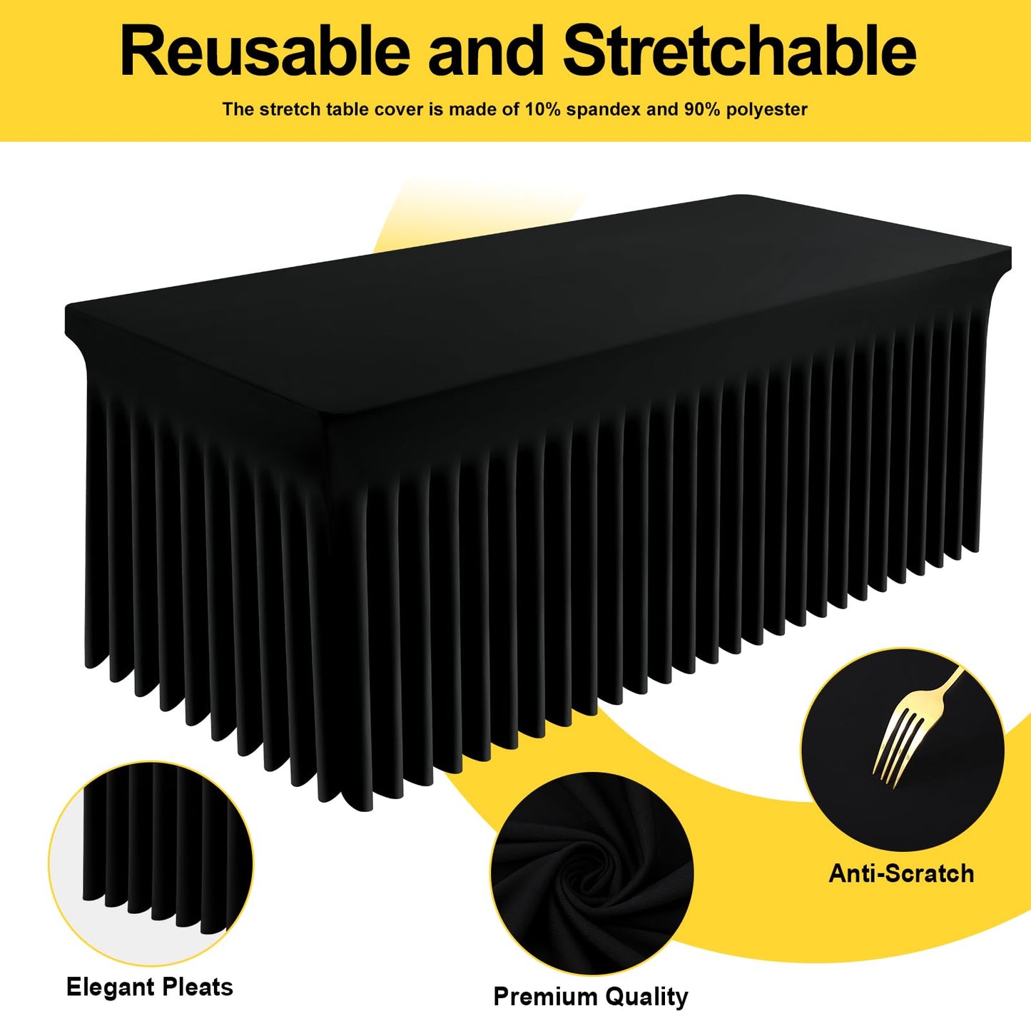 Smiry Spandex Tablecloth 2 Pack, Elastic Fitted Stretch Tablecloth for 6FT Rectangle Tables, Waterproof Washable Table Cover Skirt for Outdoor, Wedding, Banquet & Parties (Black, 72Lx30Wx30H Inch)