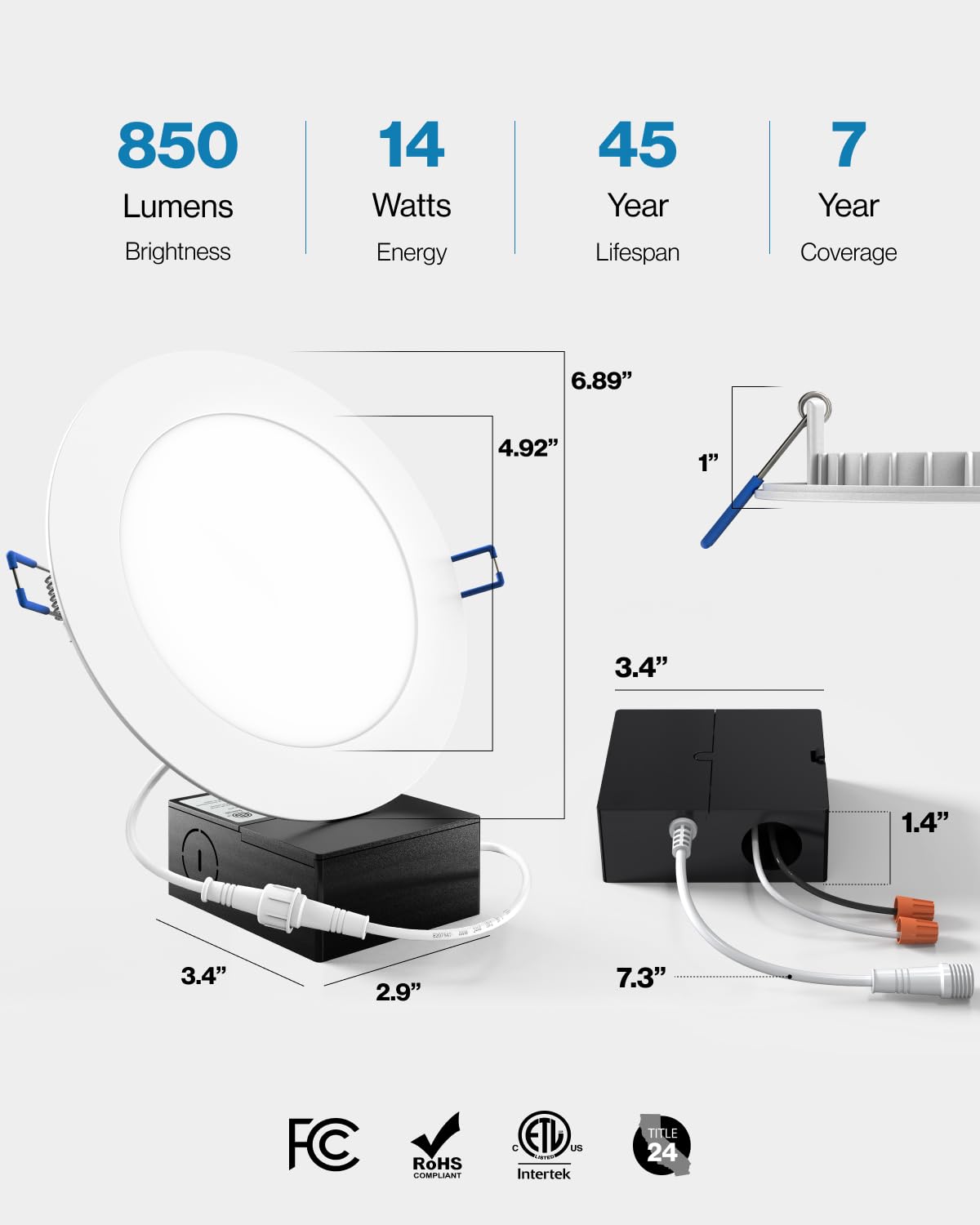Sunco 6 Pack 6 Inch Ultra Thin LED Recessed Ceiling Lights, 6000K Daylight Deluxe, Dimmable, 14W, Wafer Thin, Canless with Junction Box