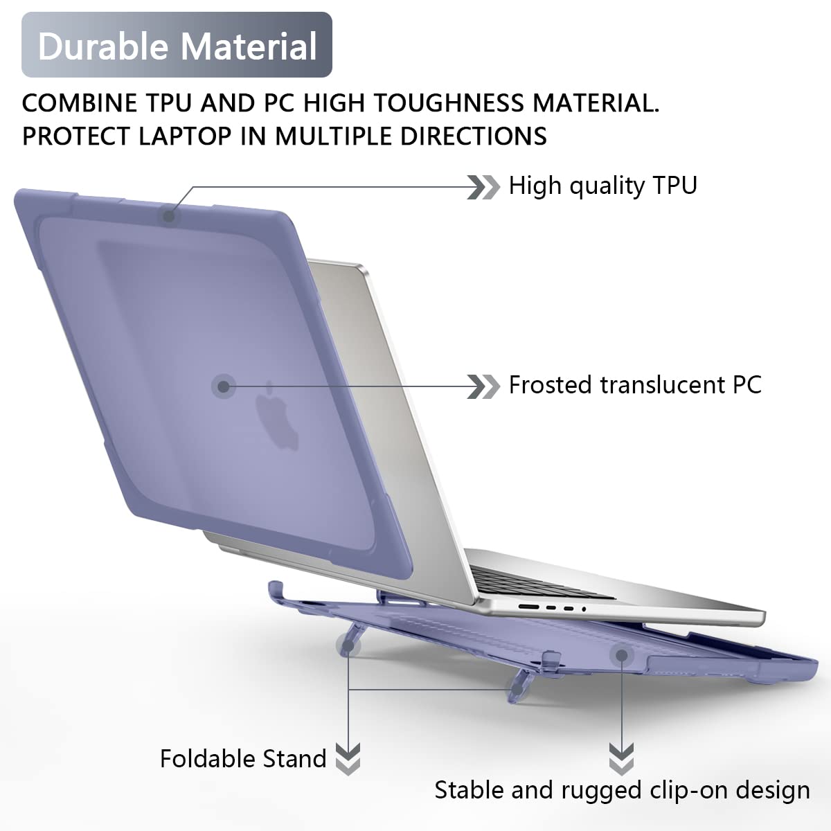 Batianda Heavy Duty Case for New MacBook Pro 14 Inch 2026 2025 M5 M4 M3 M2 Pro/Max Chip- Ergonomic Foldable Kickstand (Holds 22lbs/Zero Wobble) Matte Translucent Rugged Armor Cover, Lavender Grey