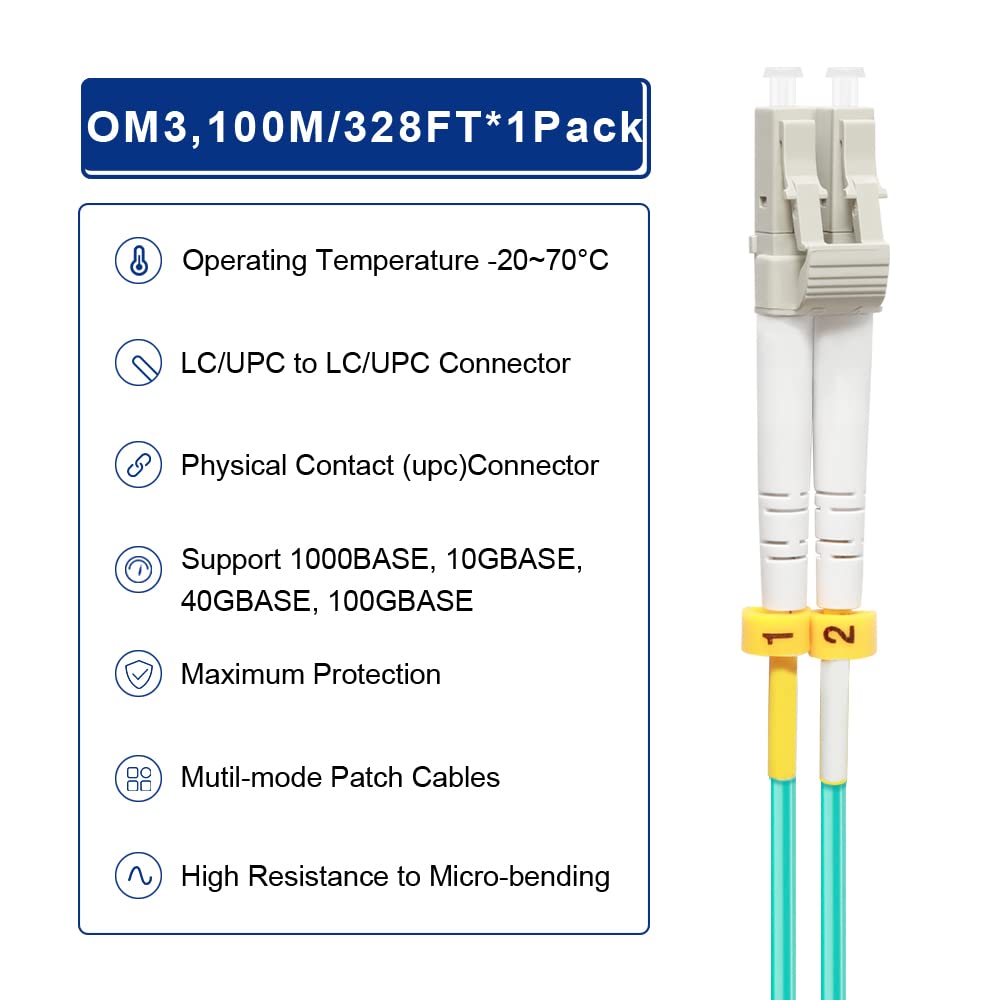 FLYPROFiber- LC to LC Fiber Patch Cable OM3 100M/328ft, Length Options: 0.2m-200m, 10GB/40GB Multimode Duplex 50/125um Fiber Optic Cable Cord LSZH-100Meter(328ft)