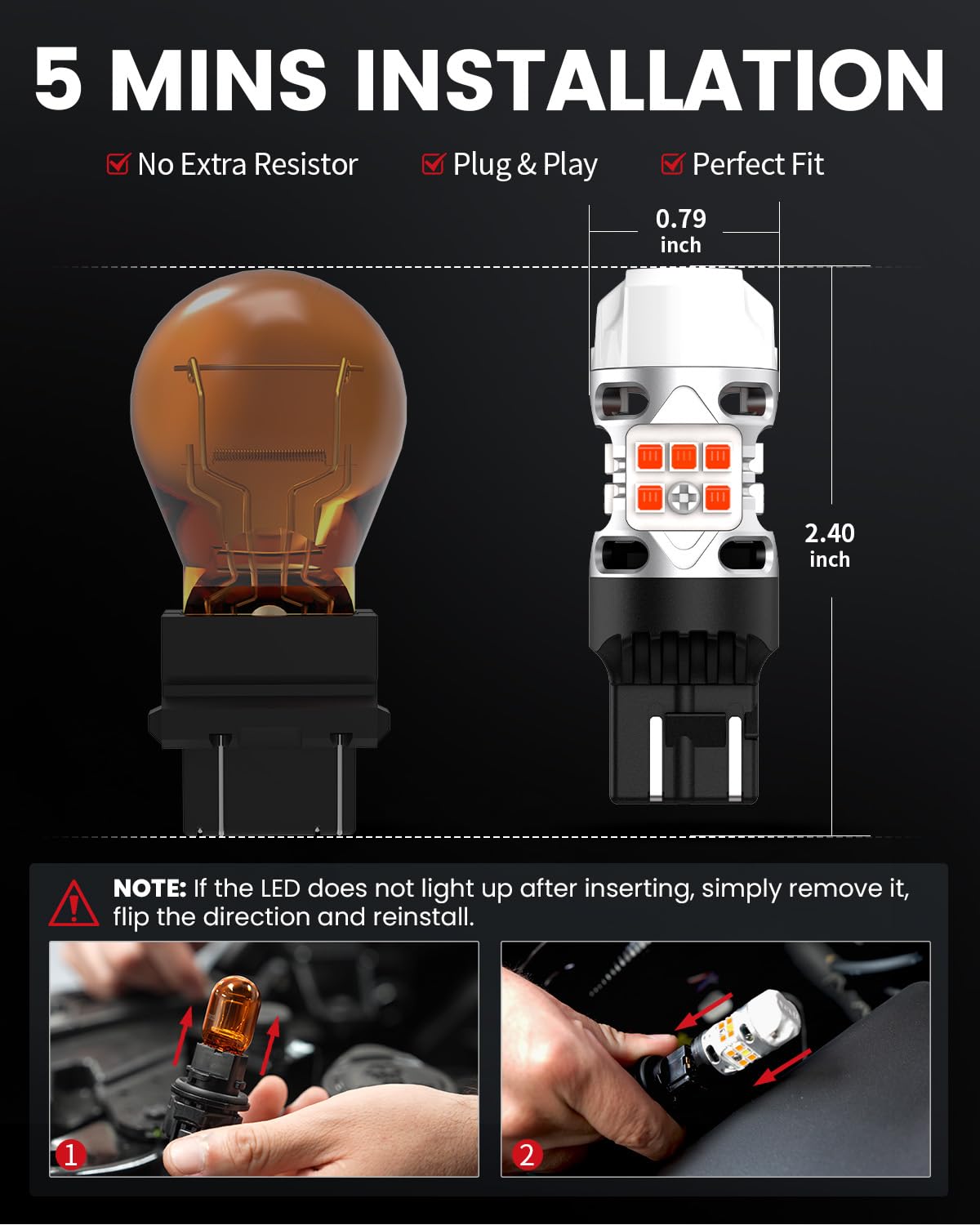 LASFIT T3 7440 7443 LED Turn Signal Amber, Super Bright 4000LM CANBUS Error Free Turn Signal Bulbs, Upgraded 7444na 7441 7444 7440NA W21W WY21W with Built In Resistor, Only For Standard Socket(2pcs)