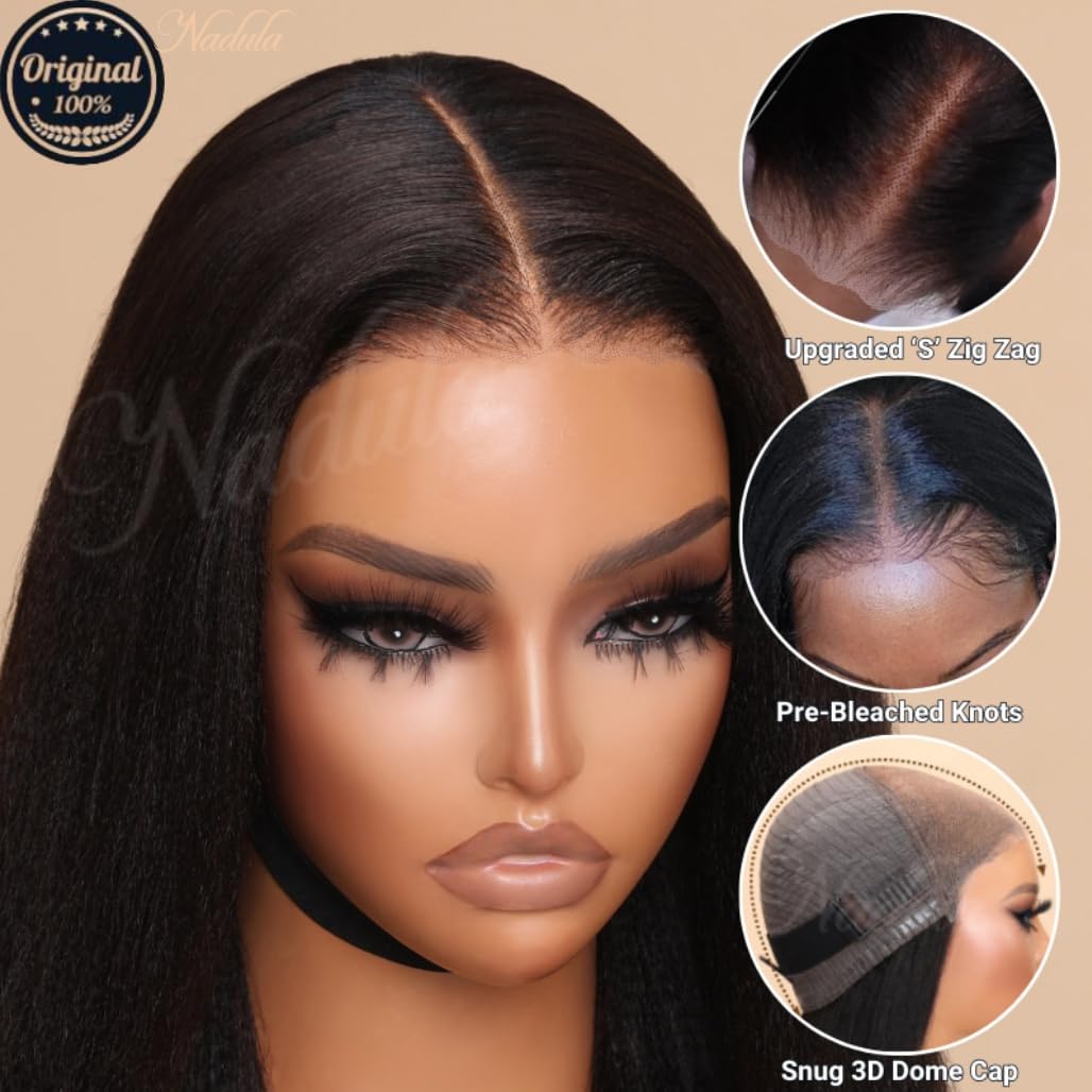 Nadula Bye Bye Knots Glueless Yaki Straight Bob 7x5 Lace Front Wigs Human Hair Pre Plucked Invisible Knots Pre Everything 3S Ready to Wear Short Yaki Bob Wigs Pre Cut 150% Density 14inch