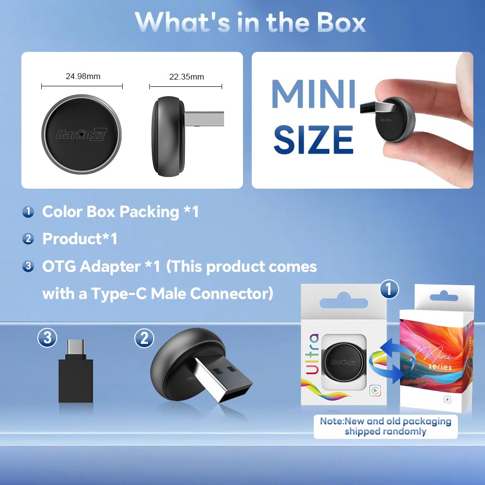 Carlinkit Wireless CarPlay Adapter & Android Auto Mini Ultra3, 2-in-1 Mini USB Desgin with OEM Car Models, Plug and Play/Low Latency Portable/Auto Connect, Compatible with iOS 10+ & Android 11+