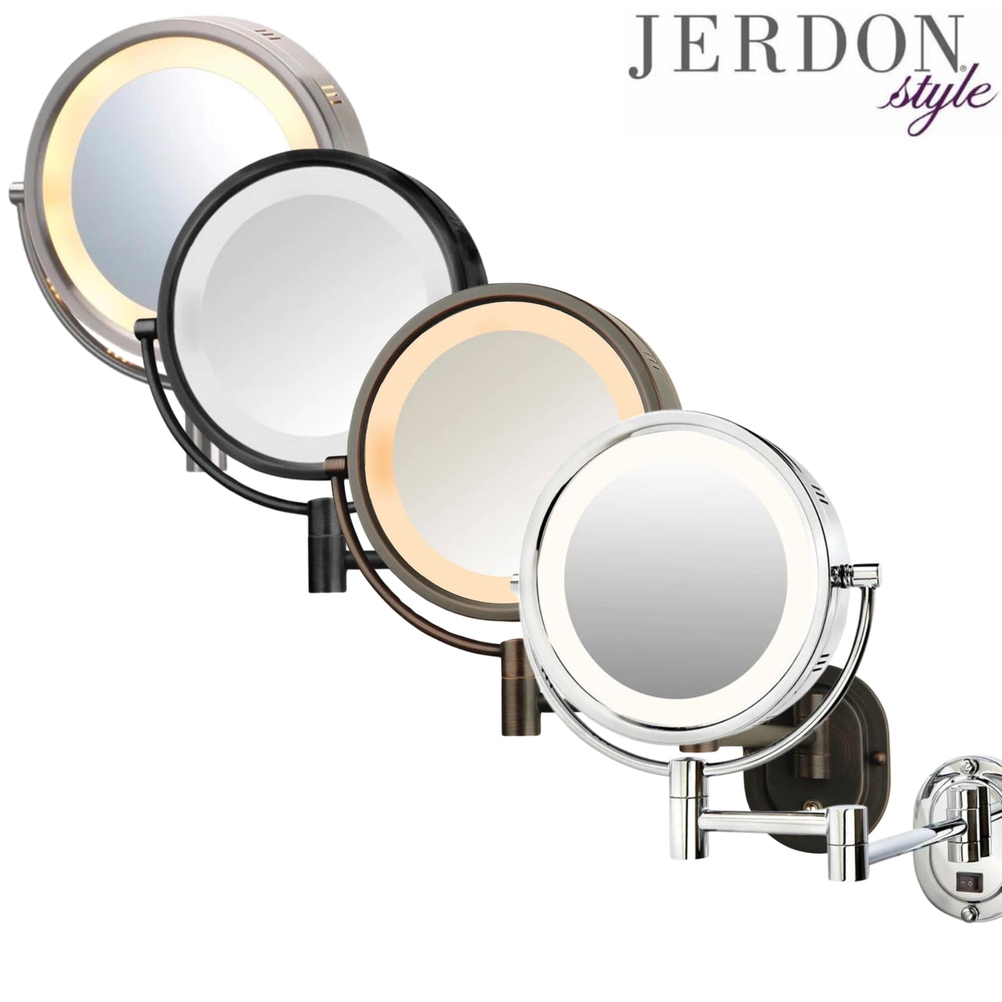 JERDON Two-Sided Wall-Mounted Makeup Mirror with Halo Lighting - Lighted Makeup Mirror with 5X Magnification & Wall-Mount Arm - Plug in Round Mirror with Nickel Finish Wall Mount - Model HL65N