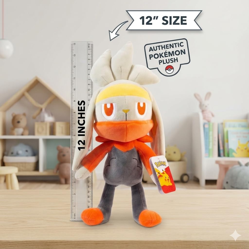 Pokémon Large 12" Raboot Plush - Officially Licensed - Sword & Shield Scorbunny & Cinderace Evolution - Quality Soft Stuffed Animal Toy - Great Gift for Kids, Boys, Girls