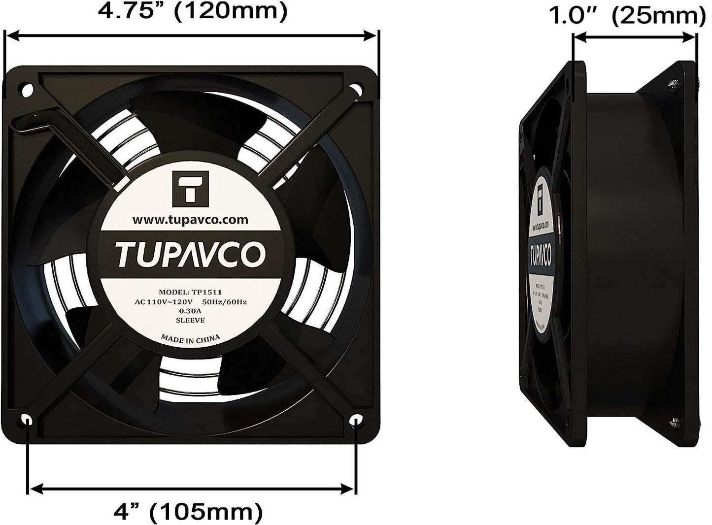 Network Cabinet Fan (Dual 2pc Kit for Server Rack Cooling) Pair of Roof Rackmount Muffin Fans 120mm 4in Noise Level 55dBa Steel Frame Ventilation with 110V AC/Ground Cable -Tupavco TP1511