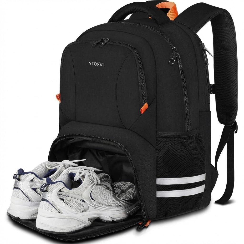 Ytonet Gym Backpack For Men Women, Travel Sports Track Bag With Shoe Compartment, Large Workout Laptop Backpack Water Resistant College Bag Fit 15.6 Inch, Camping, Black