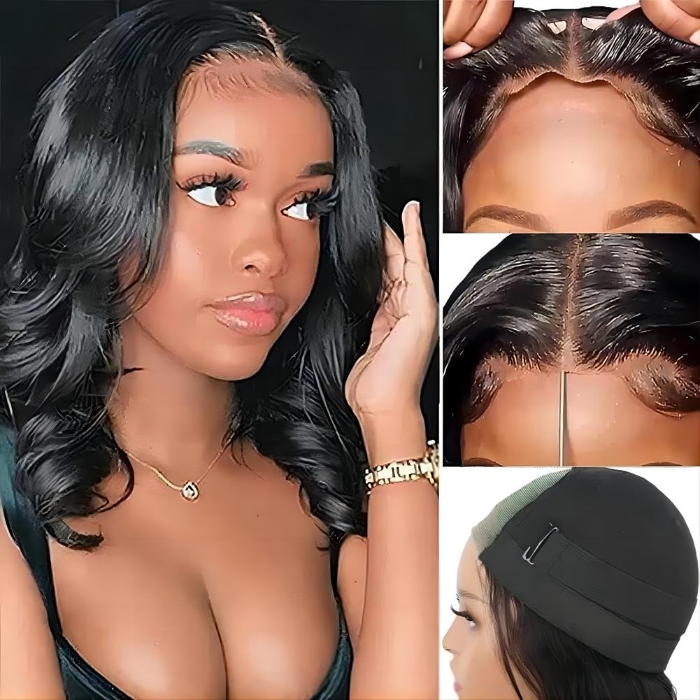 ISEE Wear and Go Glueless Wigs Human Hair Pre Plucked Pre Cut Short Bob Body Wave Lace Front Wigs Human Hair for Women Upgraded Glueless Bob Wig No Glue 6x4 HD Lace Closure Wigs (12 Inch)