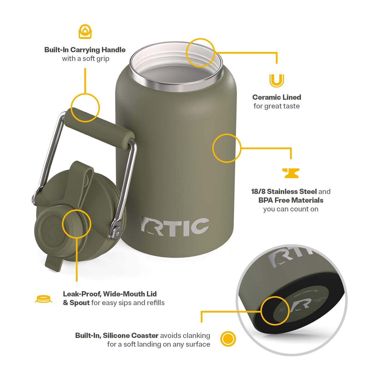 RTIC Half Gallon Outback Jug, Stainless Steel, Ceramic Lined Insulated Water Bottle with Lid and Handle, BPA-Free, Double Wall Vacuum Insulation, Olive