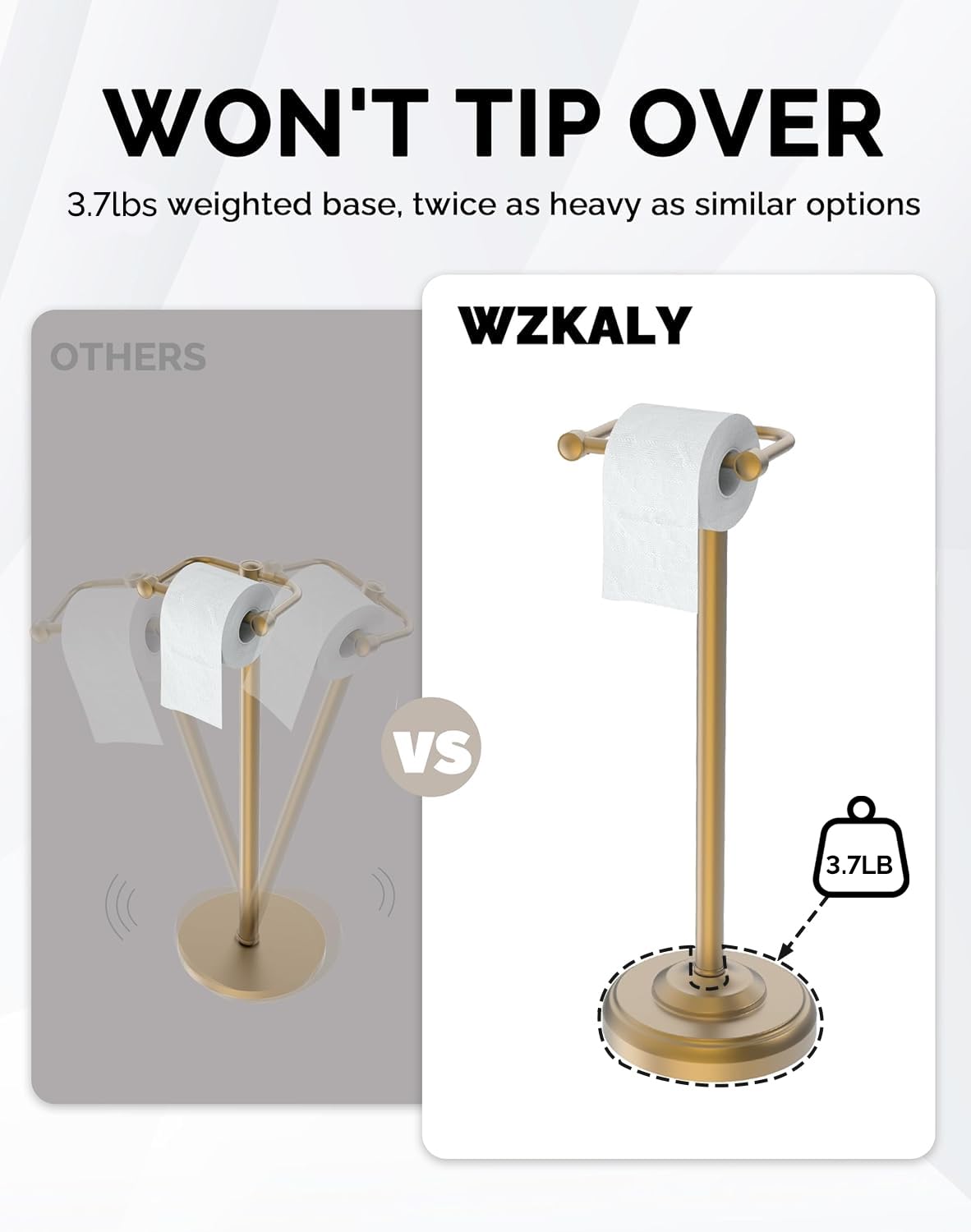 WZKALY Toilet Paper Holder Stand, Brushed Brass Toilet Paper Holder Free Standing, Post Pivoting Design & Stable Weighted Base SUS304 Stainless Steel for Bathroom(Mega Roll)