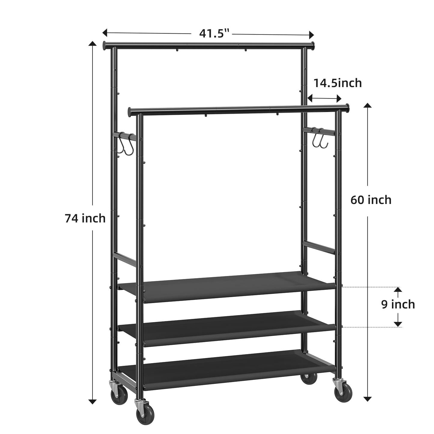 Ekisemio Double Rods Clothes Rack for Hanging Clothes, Rolling Clothing Rack with Wheels, 3-Tier Hanging Rack with Mesh Shelves, Holds 300 LBS for Bedroom, Laundry, Living Room, Black