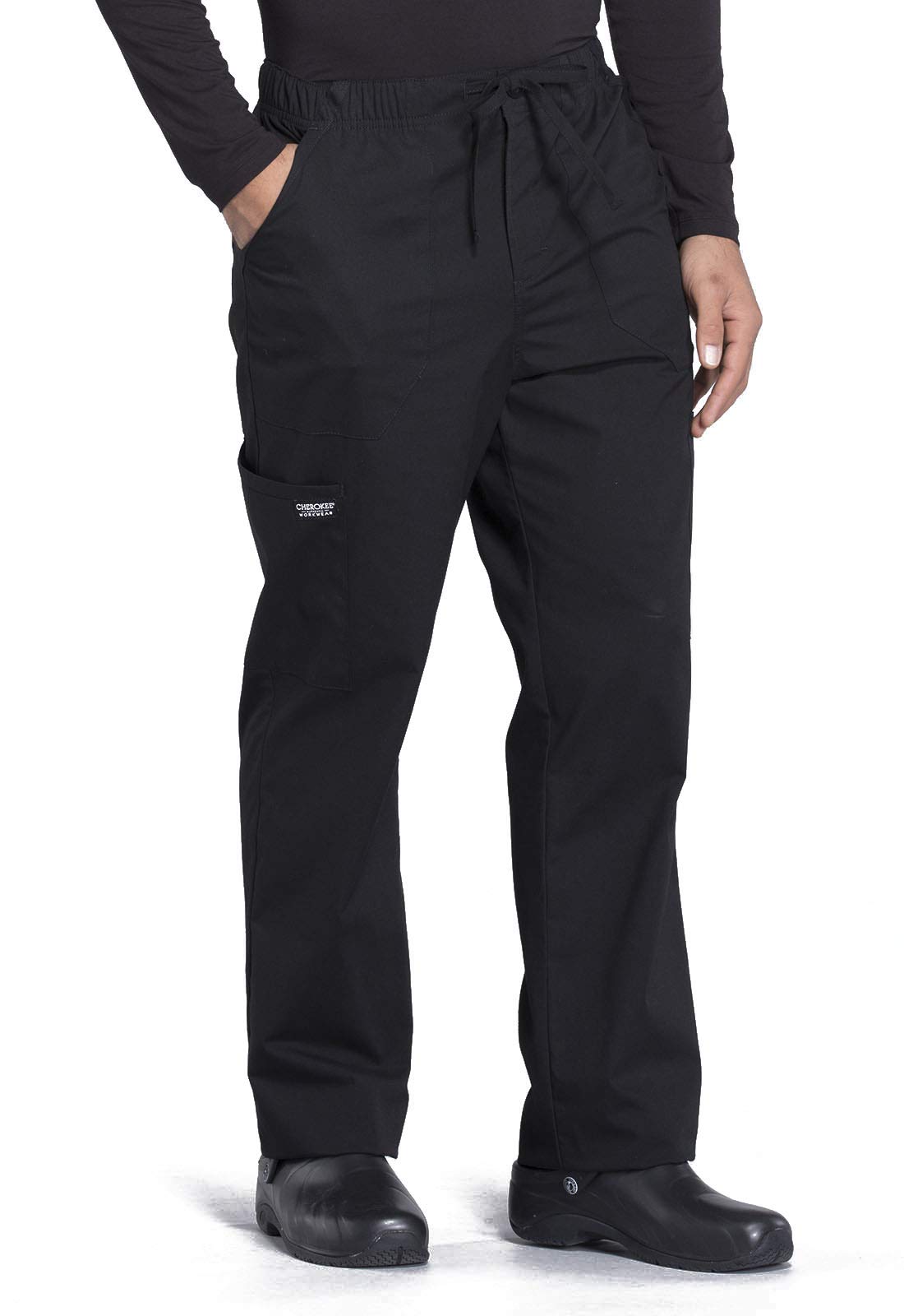 Cherokee Men's Scrub Pant Tapered Leg Fly Front Cargo Pant with 5 Pockets WW190, L, Black
