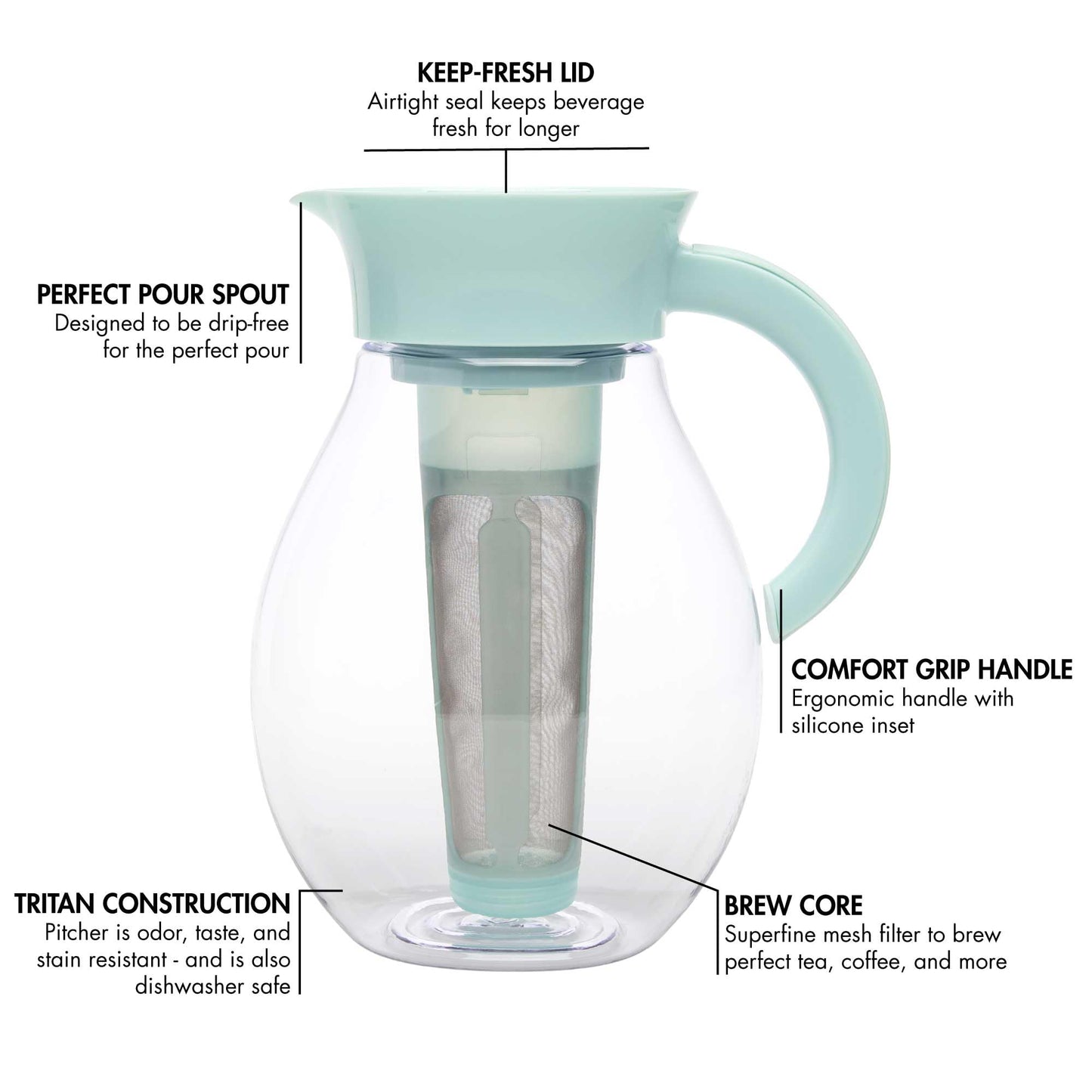 Primula The Big Iced Tea Maker and Infuser, Plastic Beverage Pitcher with Leak Proof, Airtight Lid, Fine Mesh Reusable Filter, Made without BPA, Dishwasher Safe, Aqua