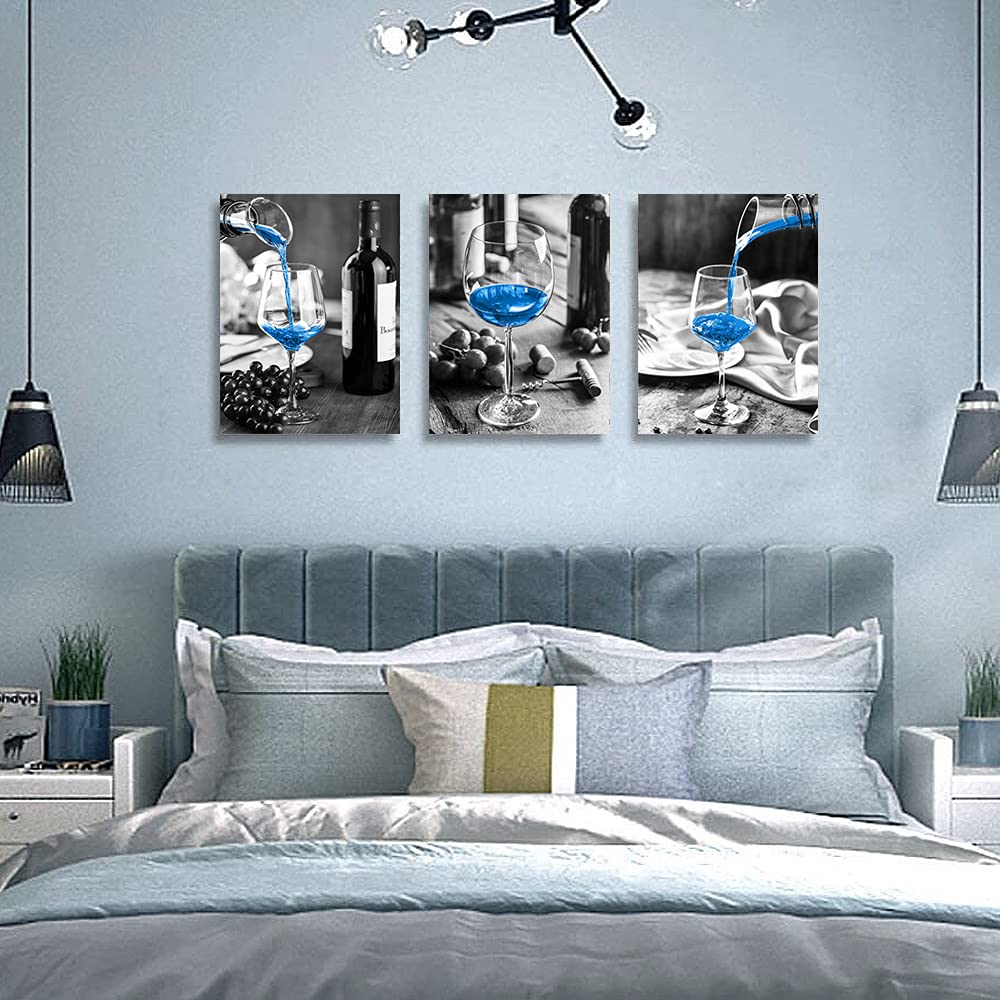 Canvas Wall Art For Kitchen Wall Decor For Dining Room Black And White Wine Glasses Painting Modern Blue Wine Canvas Art Prints Ready To Hang Pictures For Restaurant Home Decorations 16"X24" 3 Pieces