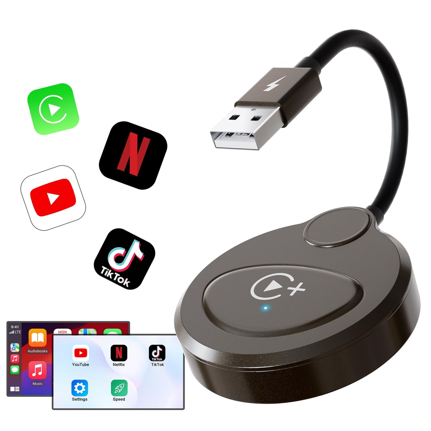 Wireless Carplay Adapter Built in YouTube Netflix,Carplay Wireless for Wired CarPlay to Wireless Support YouTube Netflix Tiktok Video Play,Easy Plug and Play_Black
