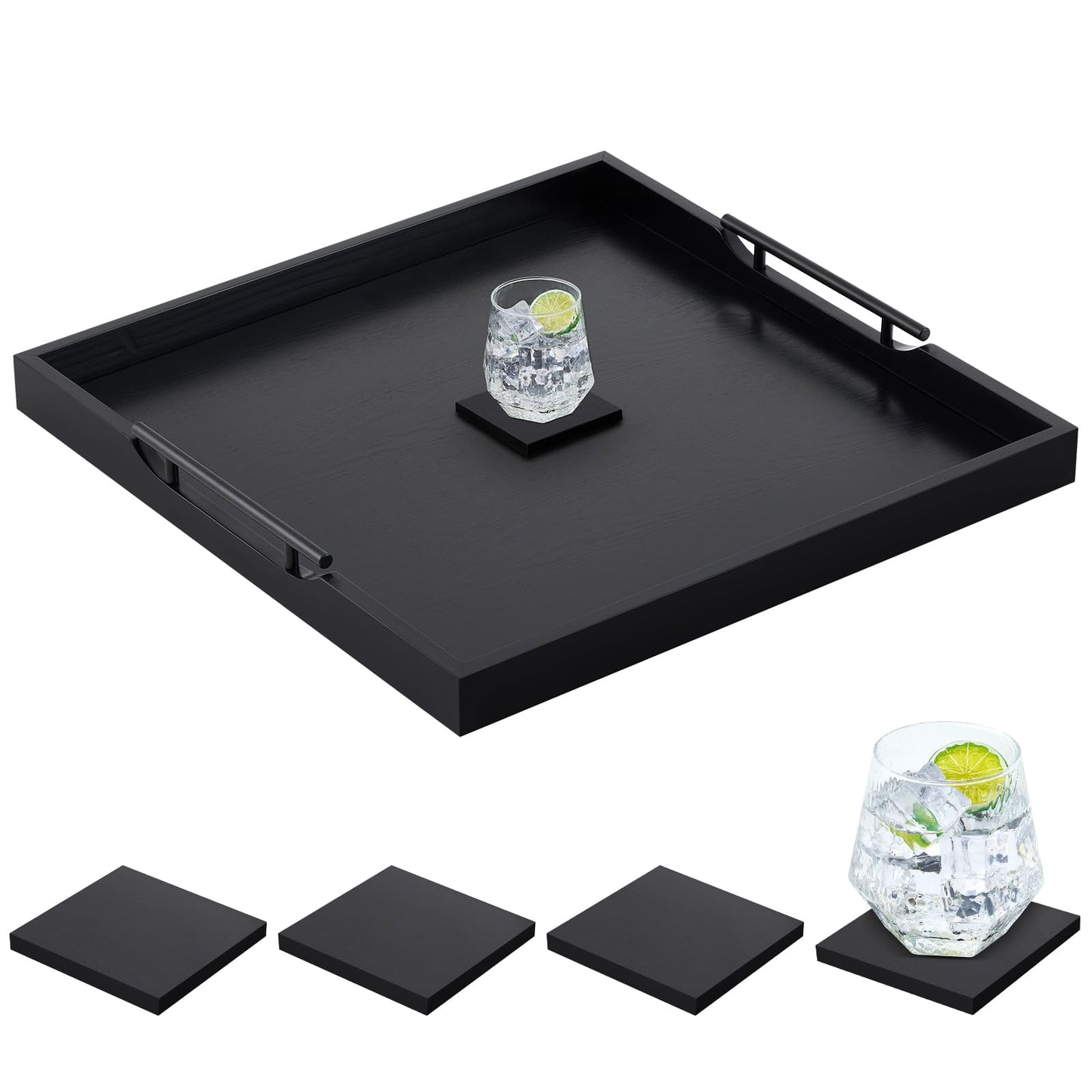 Remagr Large Square Ottoman Tray 24 x 24 x 2 Inch Wood Serving Tray with 4 Coasters and Metal Handles for Food Coffee Tea Table Sofa Living Room Home Housewarming Gift(Black)