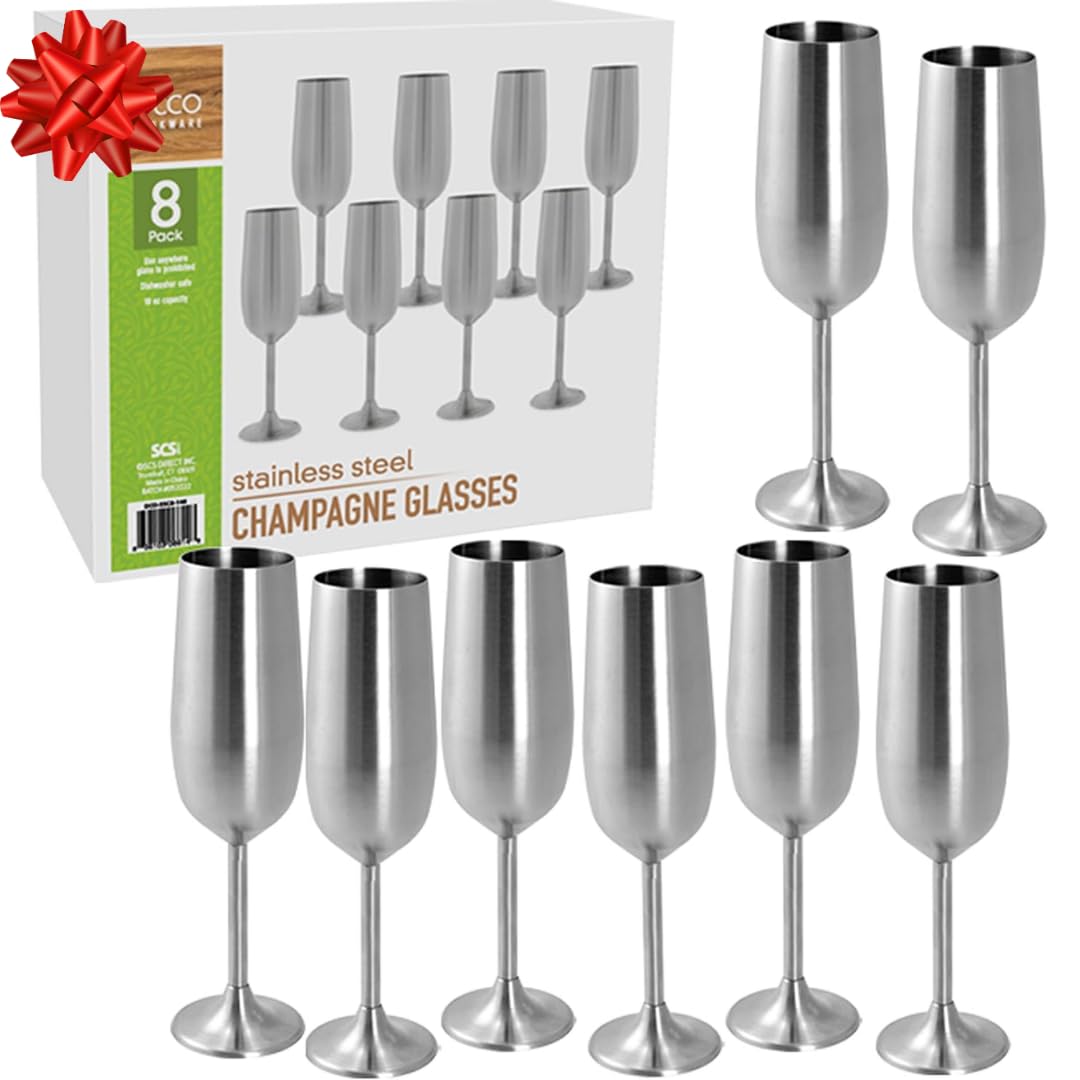 Unbreakable 8 Oz Stainless Steel Champagne Flutes (8 Pk)- Large Stemmed Matte Silver Champagne Glasses - Reusable Indoor Outdoor Drinkware - Keeps Drink Cool for Longer- Graduation & Mother's Day Gift