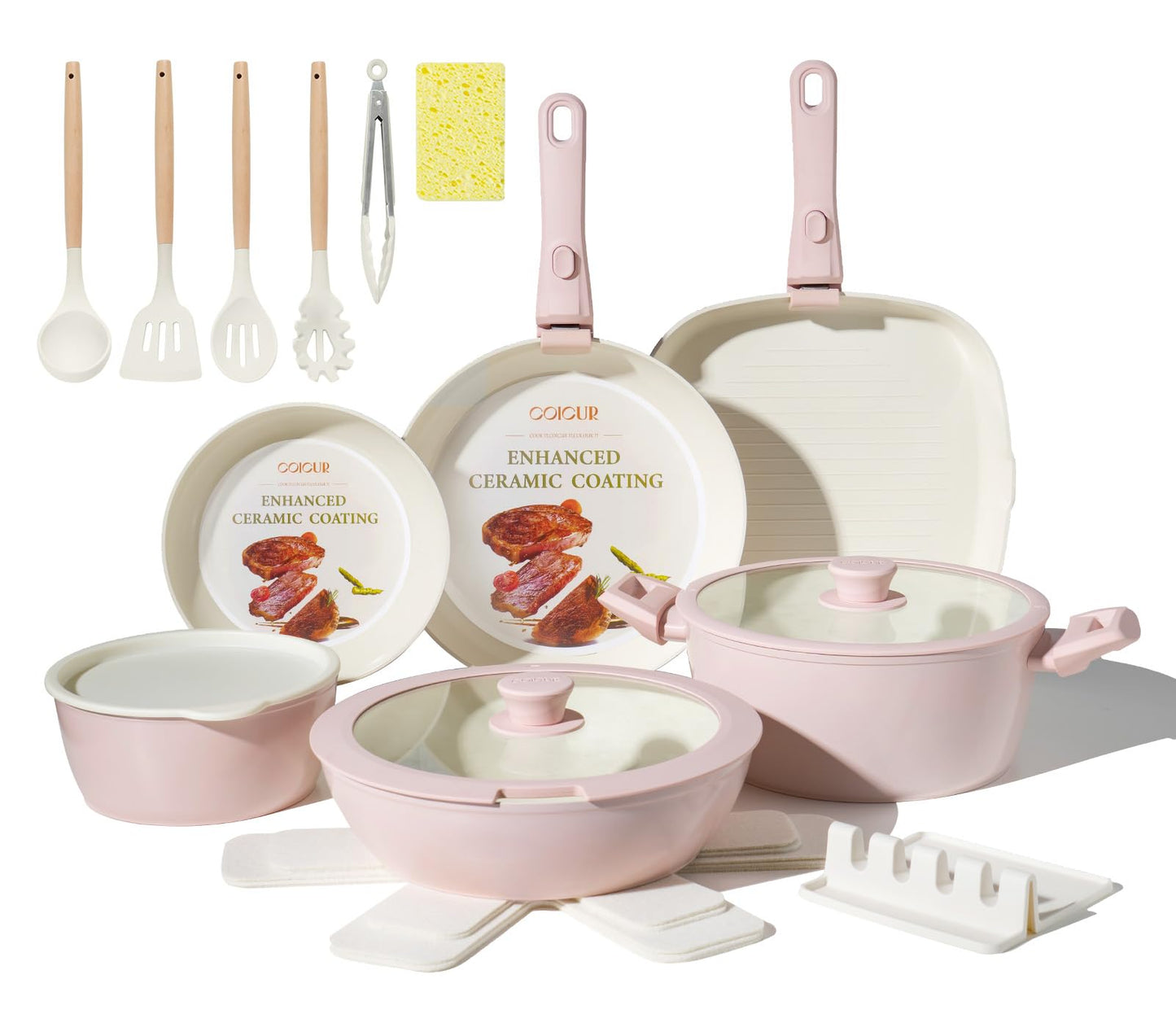 23Pcs Ceramic Cookware Set Non Stick Pots and Pans Set Non Toxic with Detachable Handle Induction Kitchen Cookware Set Space Saving, Oven & Dishwasher Safe, Light Pink
