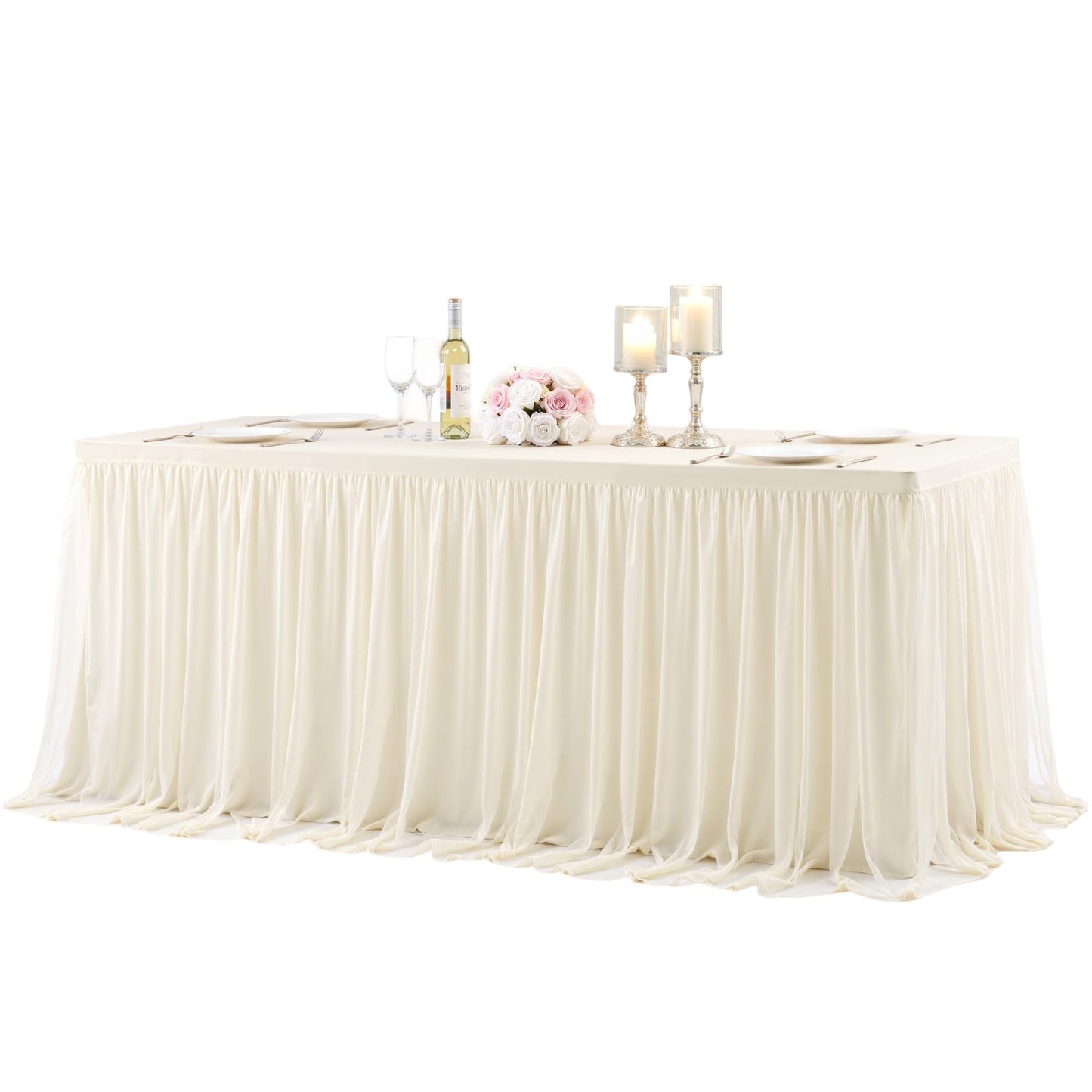 4 Pack 6ft Ivory Tulle Tablecloths for Rectangle Tables 6 Foot Ivory Rectangular Table Cloth Wrinkle Free Table Cover with Tutu Skirt for Wedding Baby Shower Birthday Party Banquet Buffet Cake