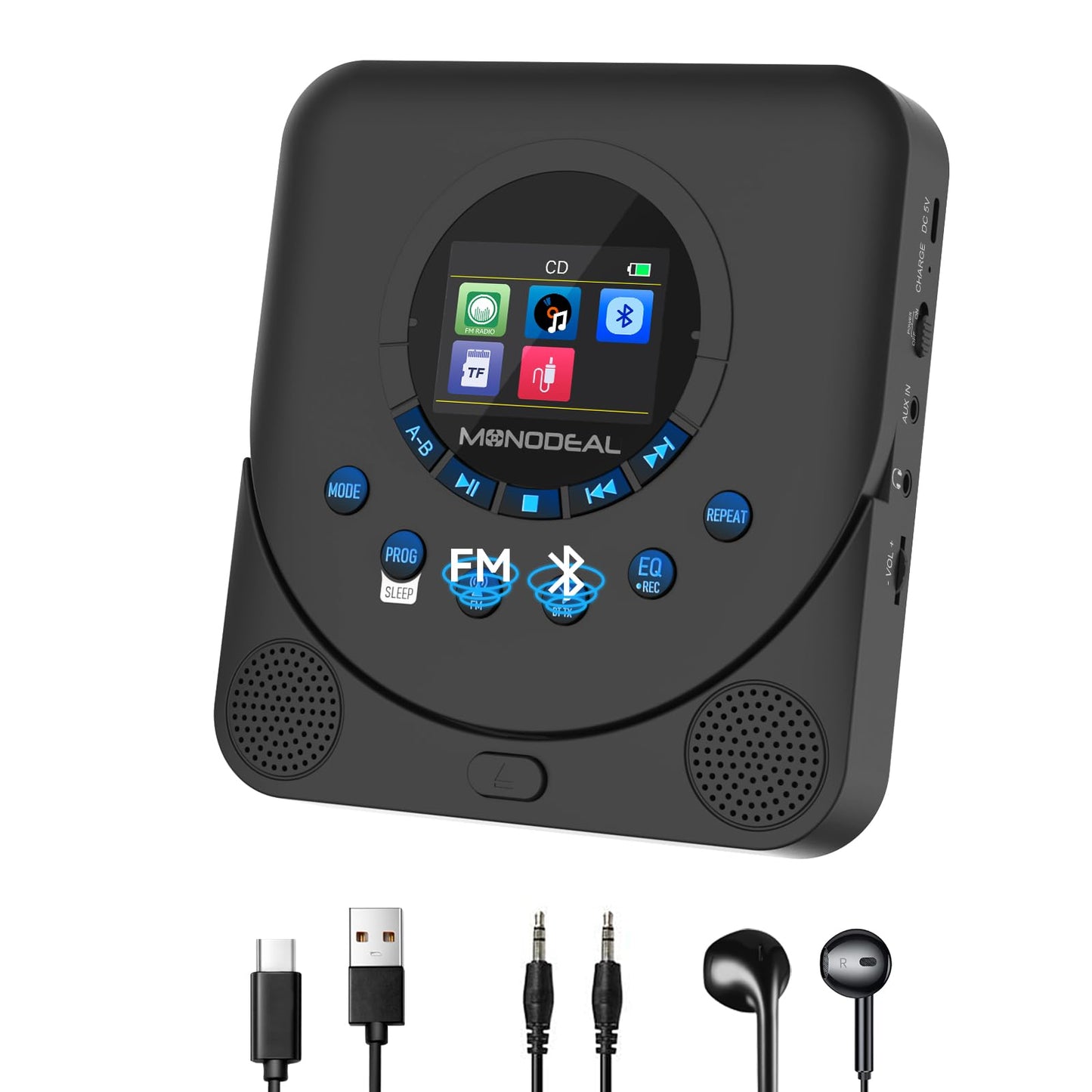CD Player Portable,MONODEAL Dual Stereo with CD Player with Speakers,Rechargeable CD Player Bluetooth,Support TF Card,FM Receiver and Transmitter,Walkman CD Player with Sleep Timer,Colorful TFT Screen