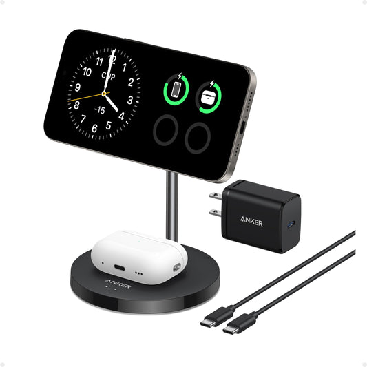 Anker MagSafe Compatible MagGo Charger Stand, iPhone 16 Wireless Charger, 2-in-1 Charging Station, Qi2 Certified 15W Max Charging, for iPhone 16/15/14/13/12, AirPods Pro (40W USB-C Adapter Included)