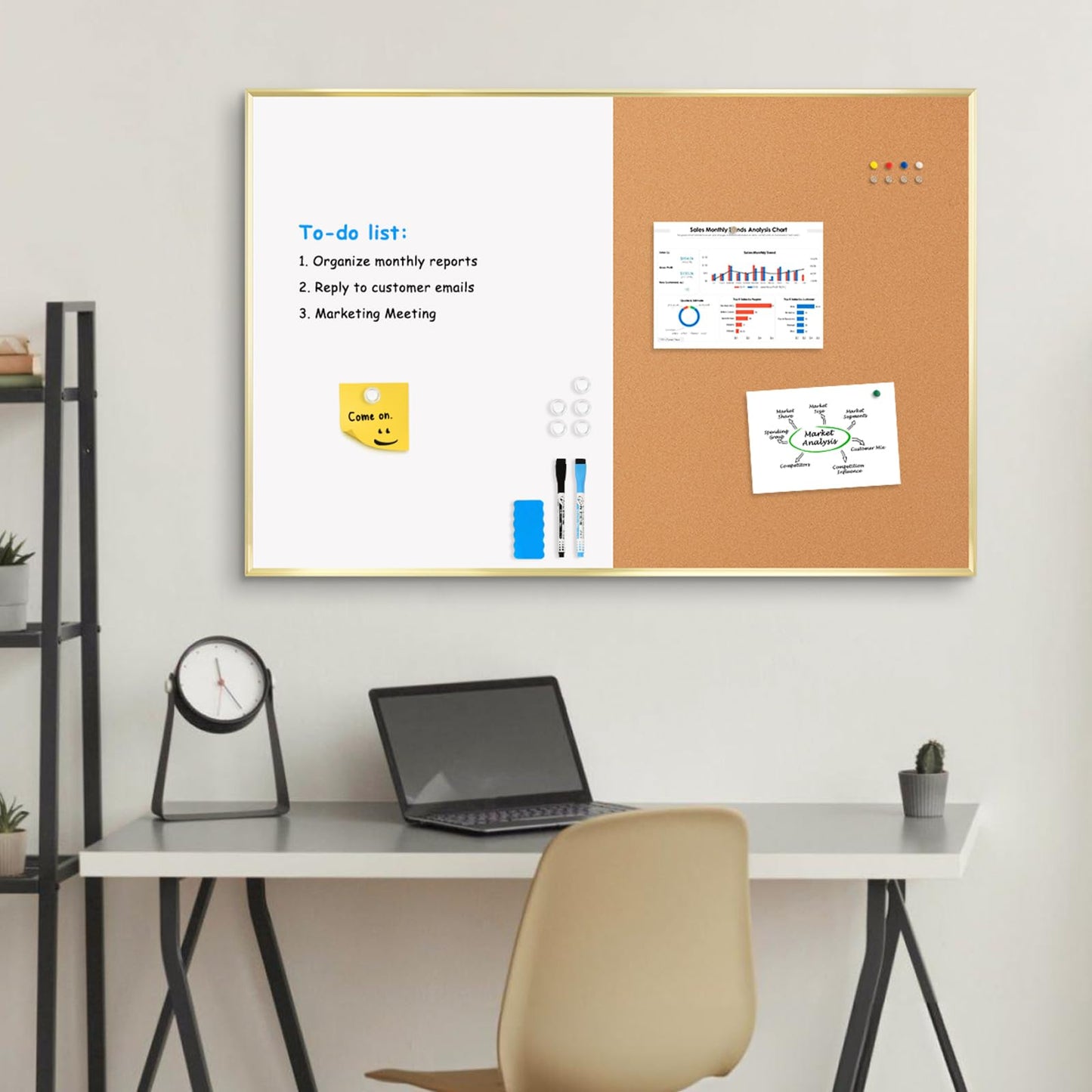 QUEENLINK Cork Board White Board Combo - 36'' x 24'' - Half Bulletin Board - Half Magnetic Dry Erase Board - Gold Aluminum Frame