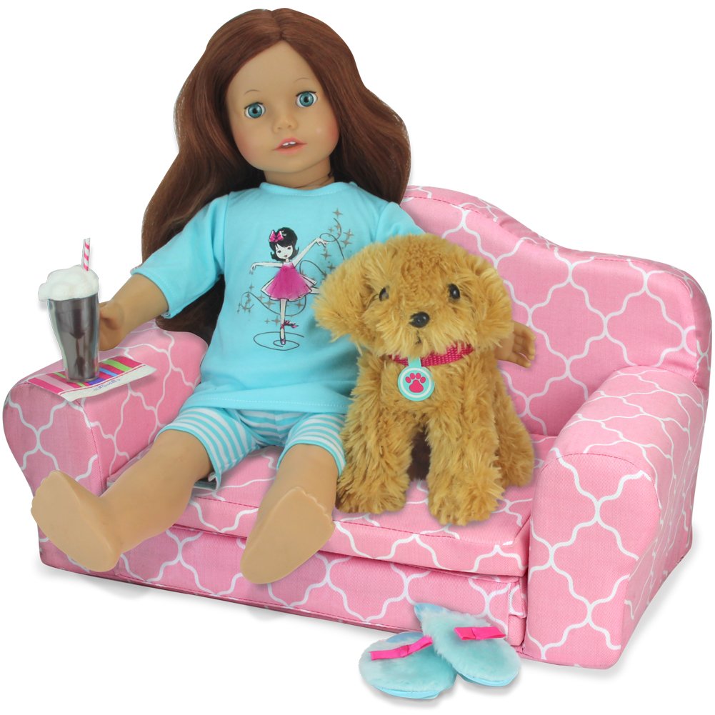 Pink Plush Doll Furniture for 18 Inch Dolls | 2-in-1 Pull Out Sofa Bed Converts to Doll Couch, Perfect for 2 Dolls (the underlined must be included)| Dolls Sold Separately