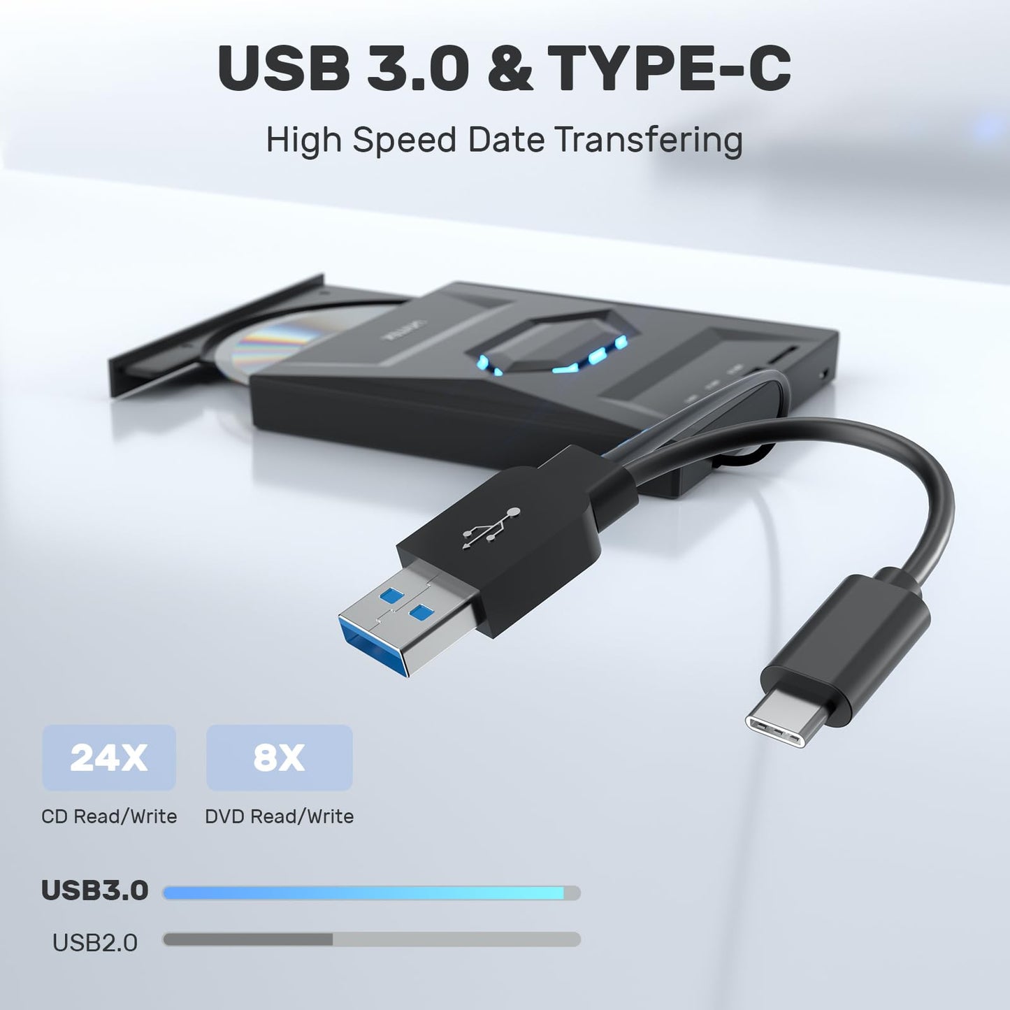 Unitek External CD DVD Drive, USB C Portable CD/DVD +/-RW Drive/DVD Player with SD Card Reader USB 3.0 USB C Hub CD ROM Burner Compatible with Laptop Desktop PC Windows Linux OS Apple Mac
