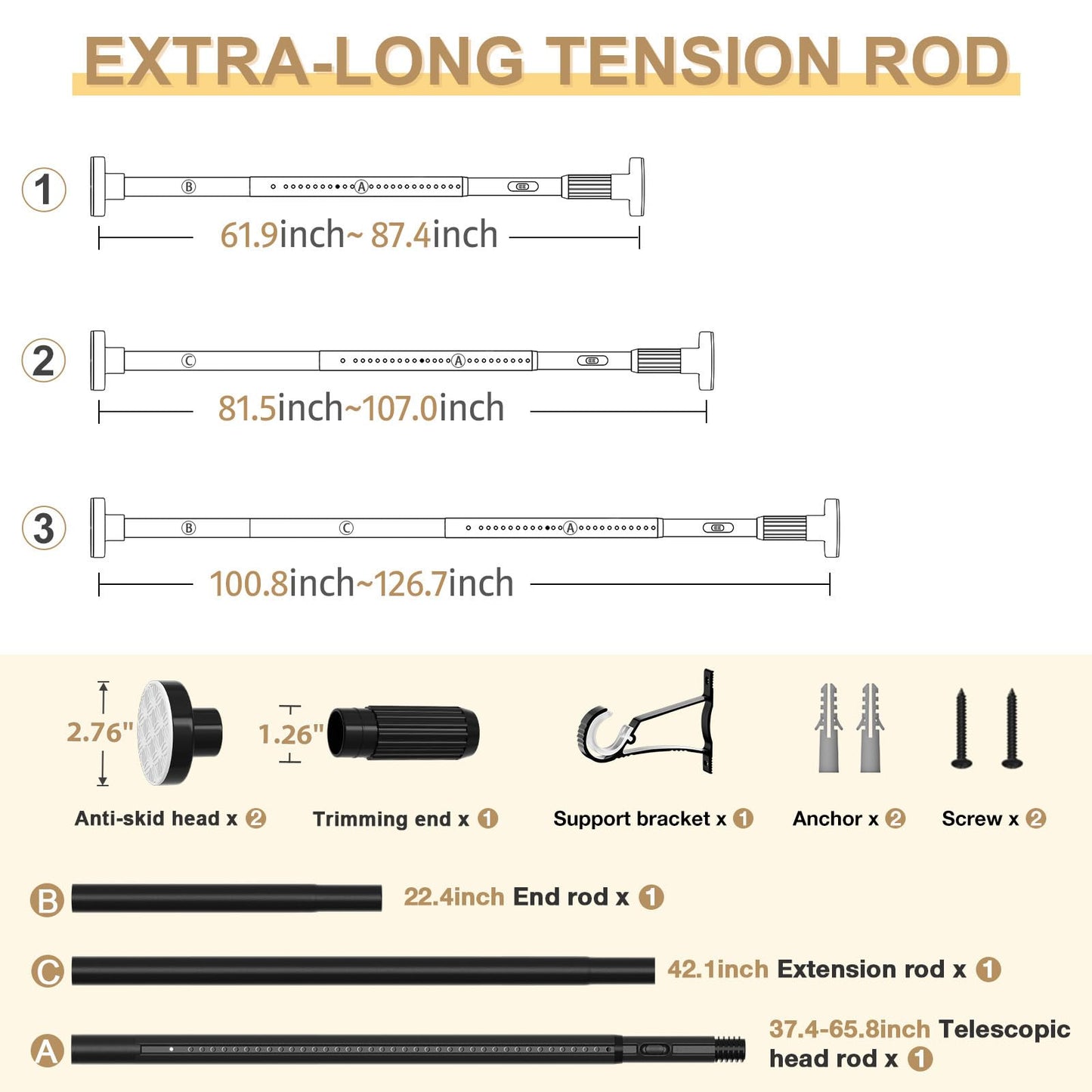 ZipGlo Black Tension Curtain Rod 41-126 In(4-10Ft), Extra Long Outdoor Curtain Rod No Drilling for Window or Bathroom Patio, Adjustable Heavy Duty Shower Rod,Rod Diameter 1.26In (2Pack)