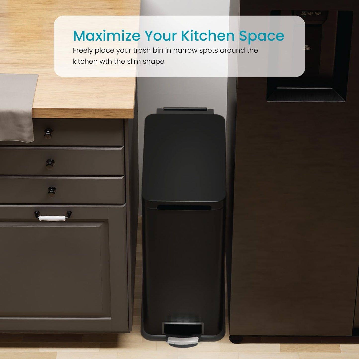Home Zone Living 8 Gallon Slim Kitchen Trash Can with Soft Close Lid, Step Pedal, Bag Tuck Band, and Removable Liner, Stainless Steel, Matte Black, 30 Liters