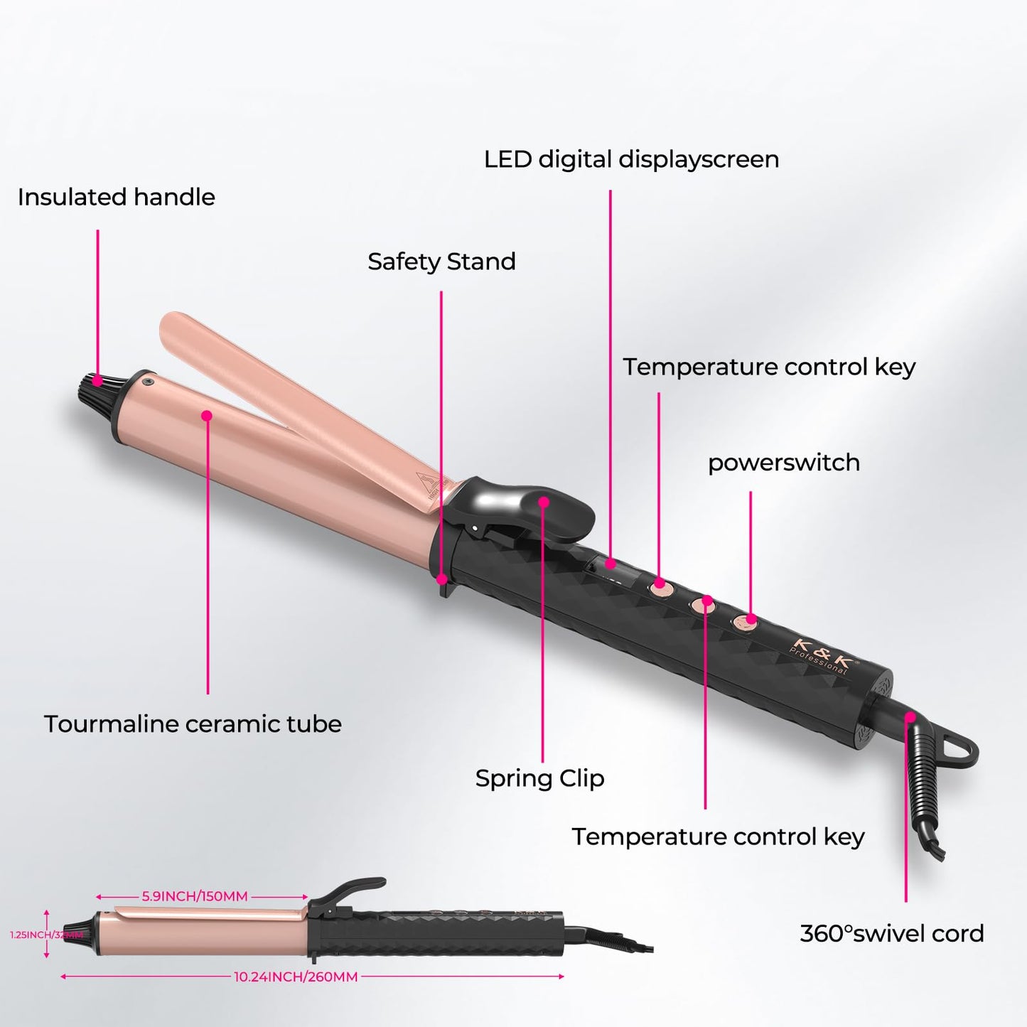 1.25 Inch MCH Ceramic Curling Iron with 6.2-Inch Barrel, Adjustable Temperature, LED Display, and Dual Voltage for Long Hair - Professional Curling Wand with Instant Heat up to 450°F