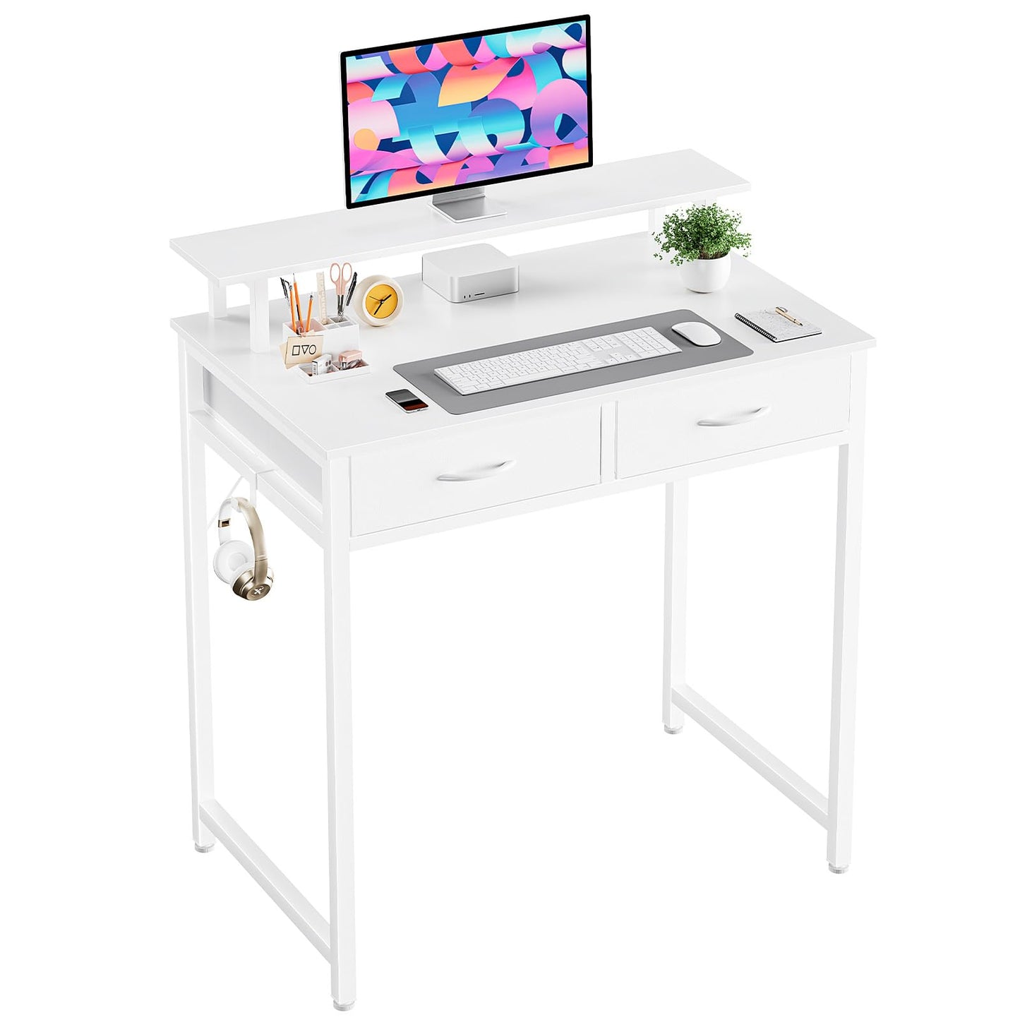 DUMOS 31.5" x 19.7" Compact Computer Desk with Monitor Stand and 2 Drawers, Small Writing Desk with Drawers for Home Office, Study Table for Small Spaces, White