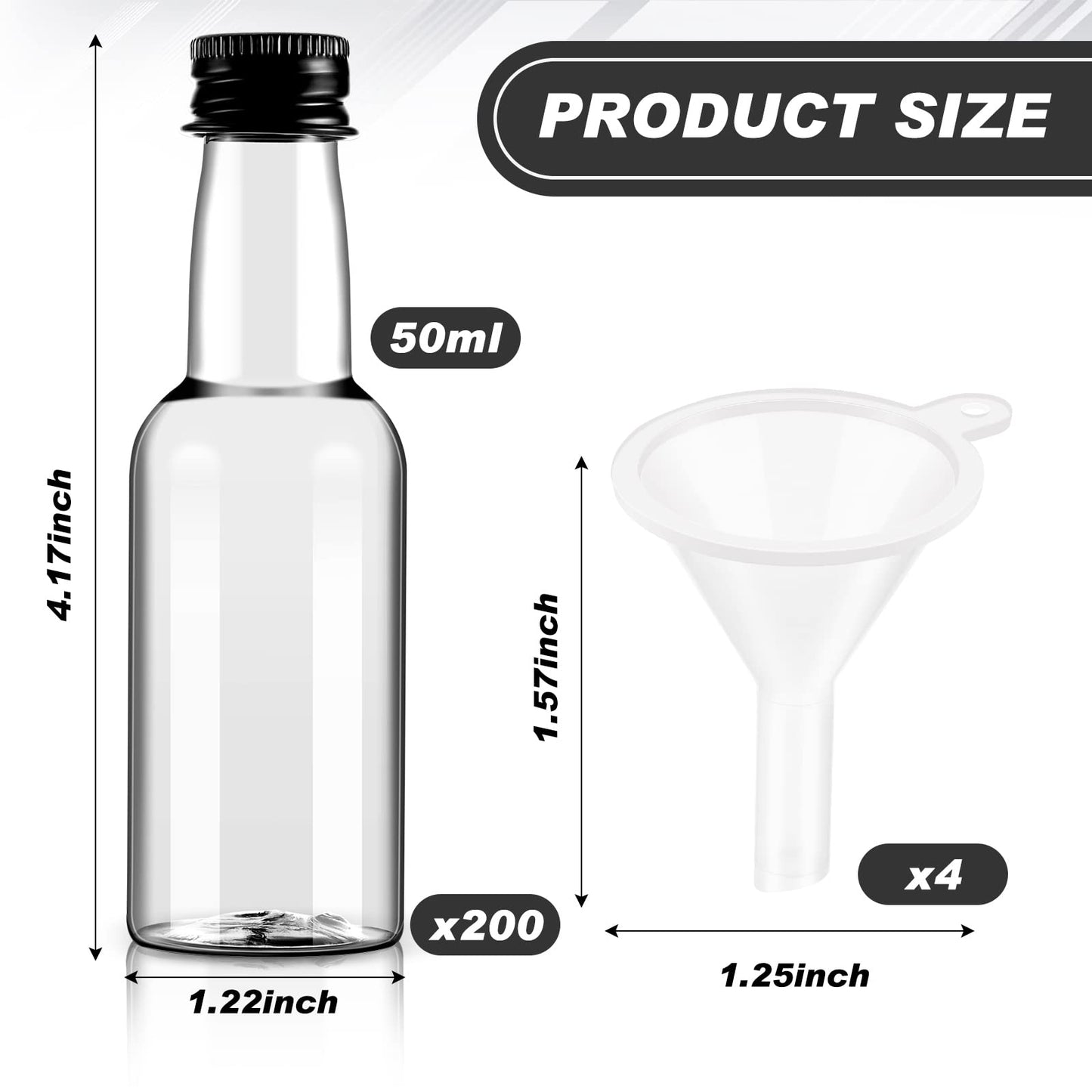 208 Mini Liquor Bottles 1.7 oz Plastic Mini Empty Spirit Bottle with Black Screw Cap Small Wine Hot Sauce Container with Caps Liquid Funnel Easy Pouring Party