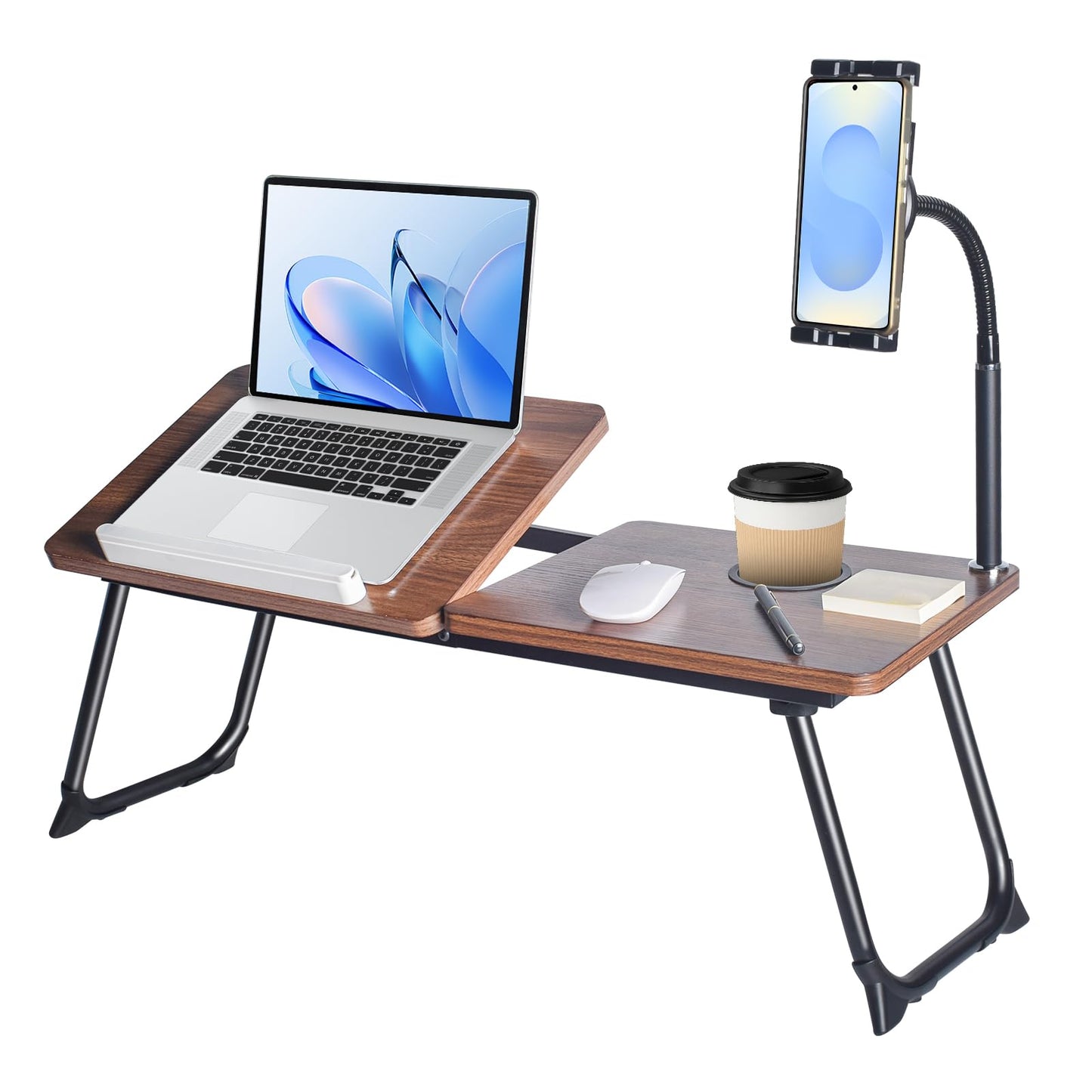 wishacc 28.7" Extra Wide Laptop Lap Desk for Bed and Sofa, Adjustable Bed Desk with Flexible Phone & Tablet Mount, Portable Black Lap Tray Table for Floor Couch Work, 2 Book Clips Included