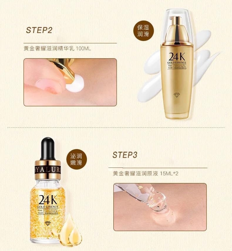 Luxé 24K Gold 5-Piece Skincare Set – Organic Collection with Gold Toner, Essence Milk Serum, Hyaluronic Acid, Collagen, Retinol, Kojic Acid & Vitamin C – Radiance & Luminous Glow for All Skin Types