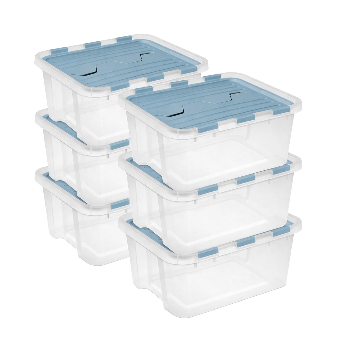 Sterilite 6-Pack Hinged Lid Storage Box, Plastic Organizer Containers, 20 Qt, Washed Blue - Large Stackable Tote Boxes with Lids for Home, Closet, Cabinet, Classroom, and Office Organization