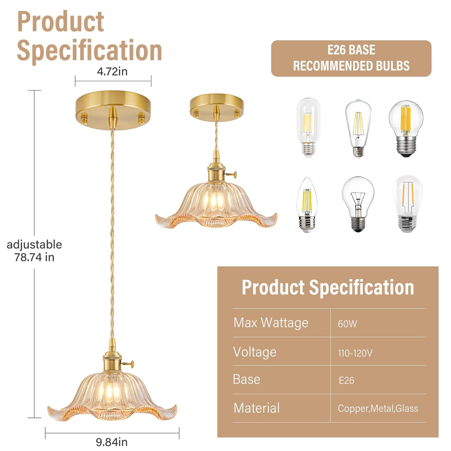 Vintage Pendant Lights Kitchen Island 3 Pack, Adjustable Pendant Light Fixtures with Amber Lily Glass Lampshade, Gold Kitchen Pendant Lighting Over Island, Pendant Light for Dining Room Hallway