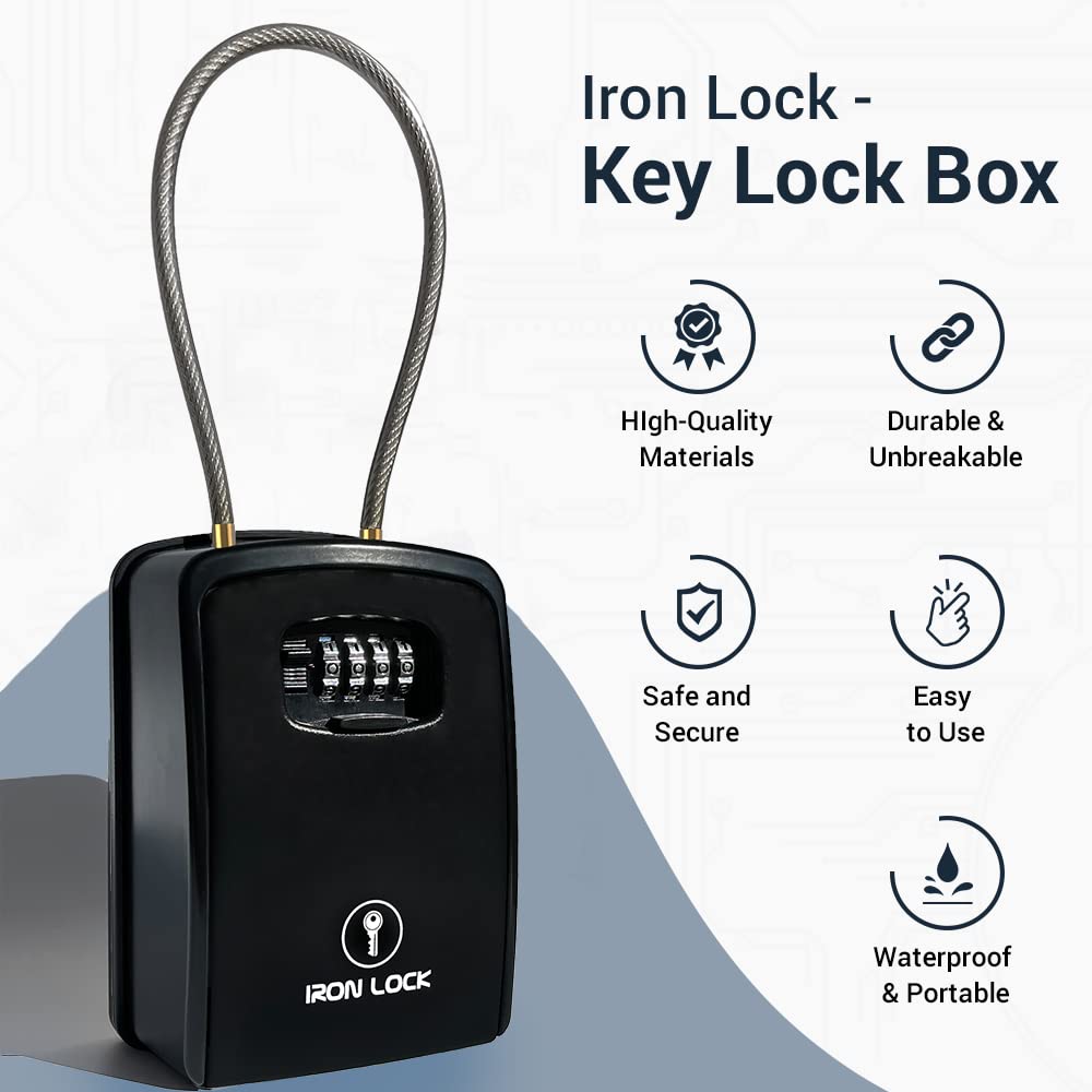 Iron Lock® XXL Key Lock Box Portable and Wall Mounted with Removable Cable Shackle Waterproof Indoor Outdoor 4 Digit Combo Resettable Code with A B Switch Extra Large Key Lockbox Outside Key Cabinets