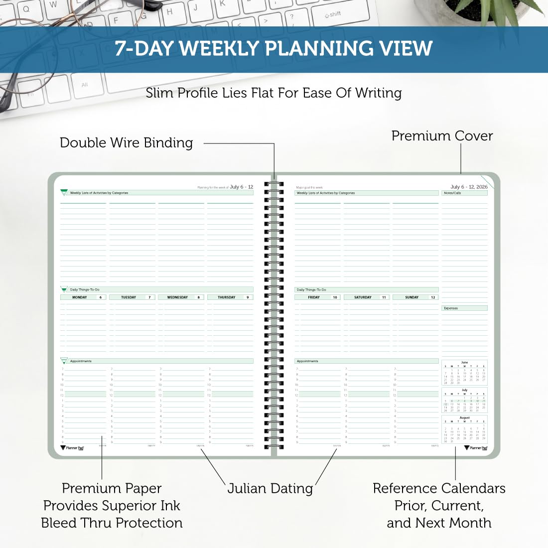 Planner Pad Spiral Bound July 2026 – June 2027 / Academic Year 8 1/2" x 11" 3-Tier Funnel Down 12 Month Large Size Organizer, Greenish Grey Cover/Soft Green Ink