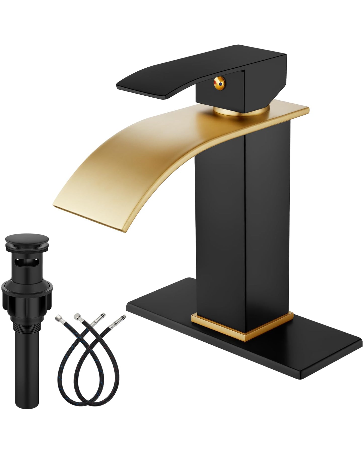 Midanya Bathroom Sink Faucet Single Handle Suitable for 1 or 3 Holes with Deck Plate and Pop-Up Drain,Waterfall Bathroom Faucets for Vanity,Basin,Rv,Lavatory Sink,Brushed Gold Spout/Matte Black