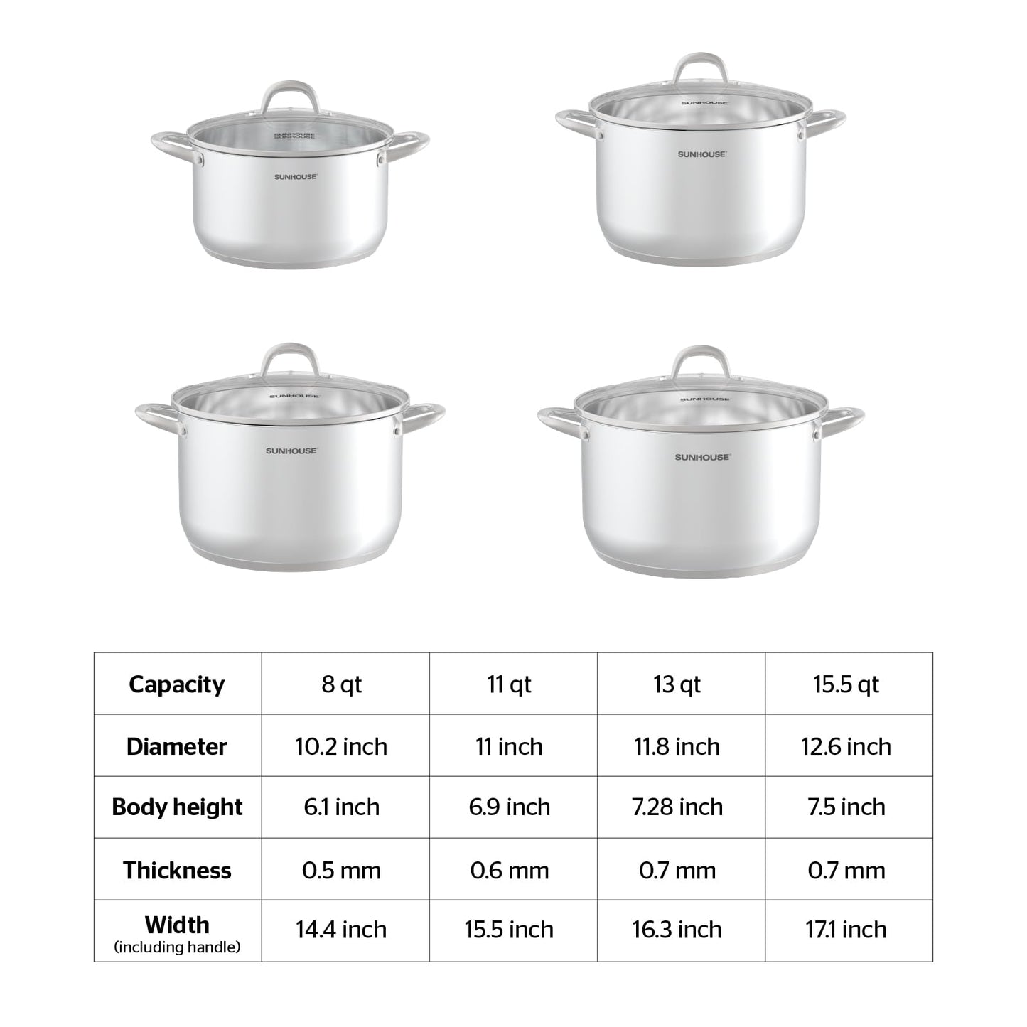 Sunhouse 8 Quart Stock Pot with Lid - 3-Ply Base Stainless Steel Cooking Pot - 8 QT Canning Dutch Oven Stock Pots - Oven Safe & Induction Cookware