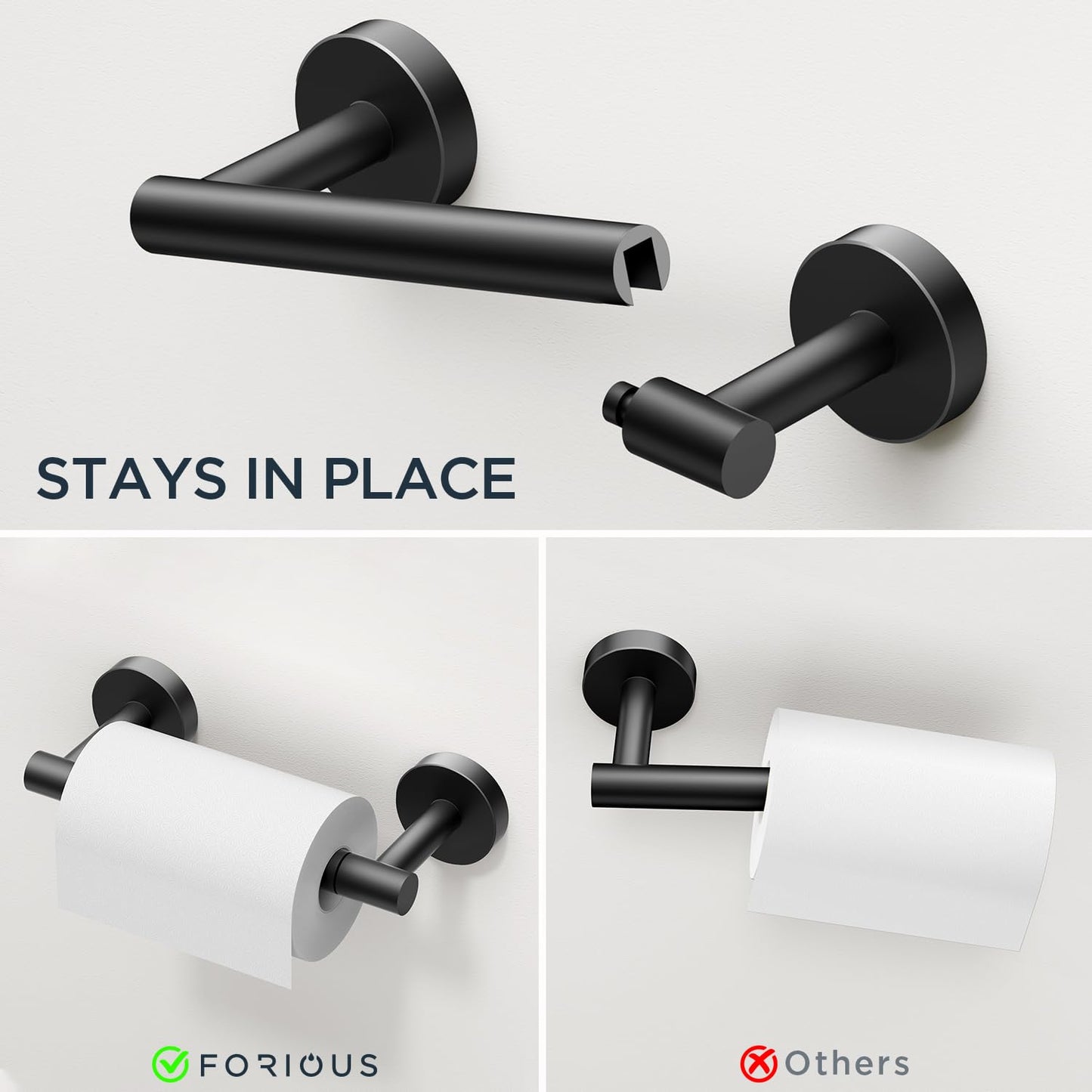 FORIOUS 4 Piece Bathroom Accessories, SUS304 Stainless Steel Toilet Paper Holder, Towel Ring and 2 Towel Hooks, Wall Mounted Bathroom Hardware Set (Matte Black,Double Post Pivoting)