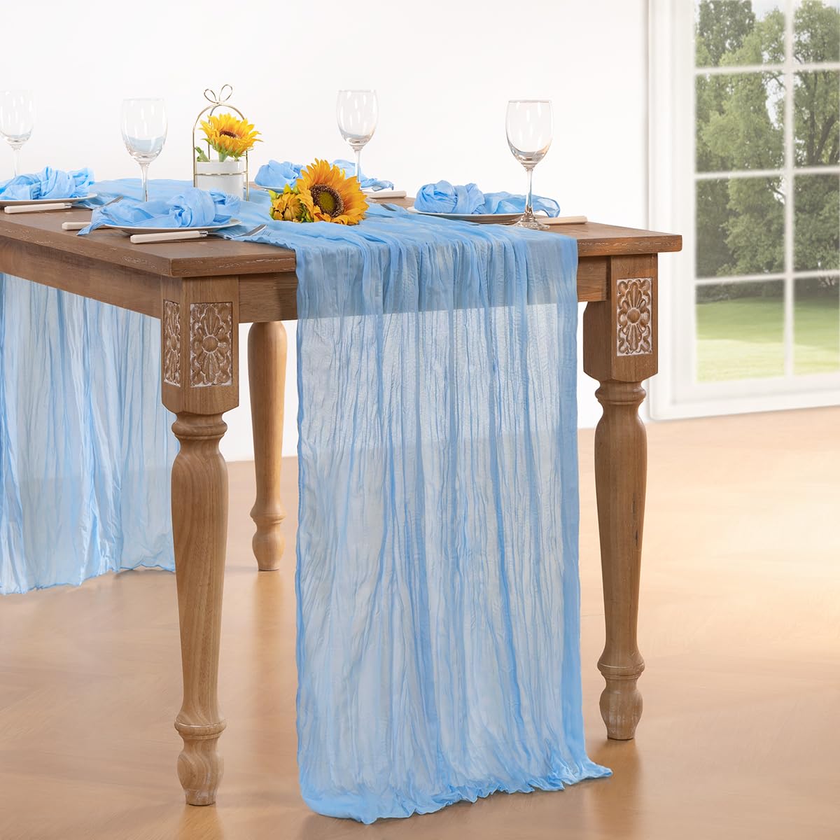 DeZerlor Baby Blue Cheesecloth Table Runner 10 Pack Spring Boho Sheer Cheese Cloth Table Runners Light Blue 120 Inches Long Gauze Easter Table Decor for Wedding Bridal Baby Boy Shower Birthday Party