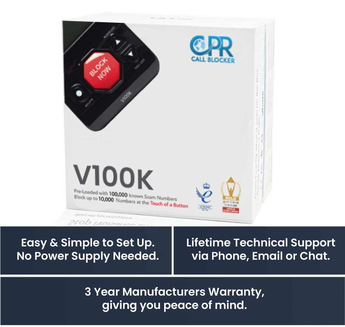 CPR V100K Call Blocker for Landline Phones with Caller ID. Pre-Loaded with 100,000 Nuisance Numbers and Allows Blocking of 10,000 More with a Single Button Press.