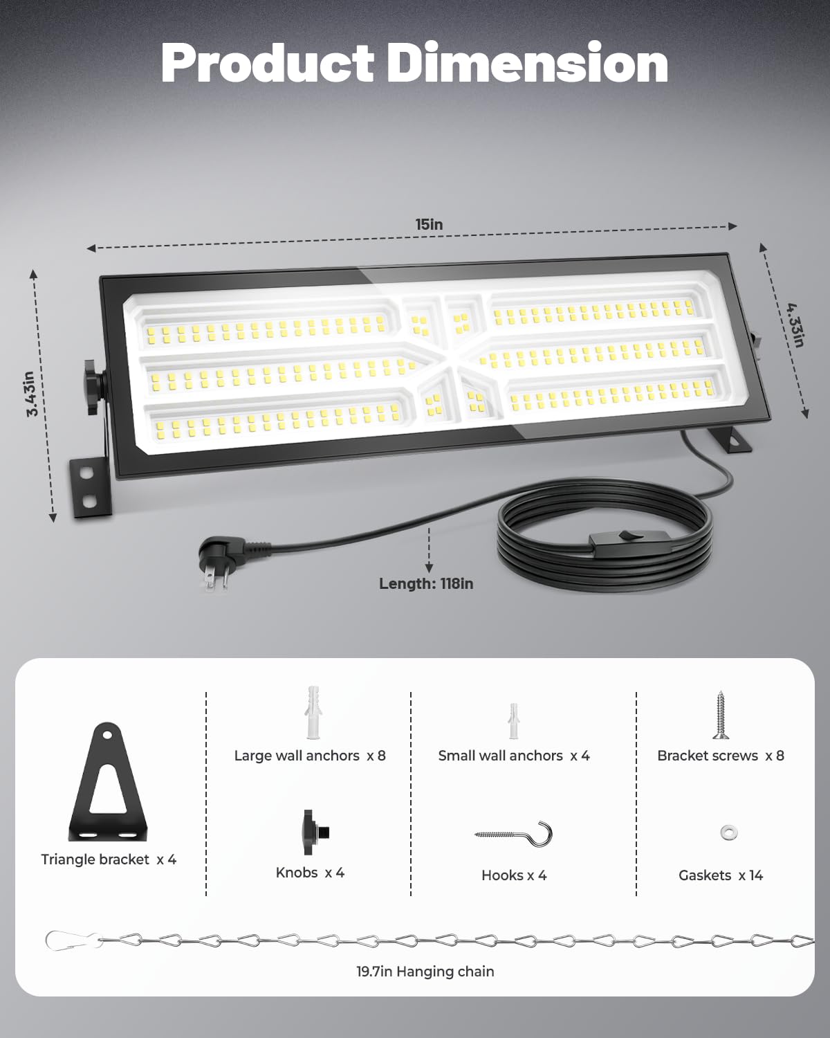 AGranTOP 2 Pack Linkable LED Shop Light (Built-in Outlet) - 100W 15000LM Aluminum Plug in Garage Light w/ 9.84ft Power Cord and On/Off Switch, 6000K Shop Lights for Garage, Workshop