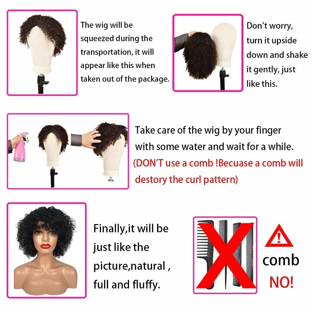 Queenset Short Curly Human Hair Wigs with Bangs Glueless Wigs for Black Women Human Hair Wear and Go Brazilian Deep Wave Curly Wigs with Bangs None Lace Front Wigs Human Hair Natural Black Color